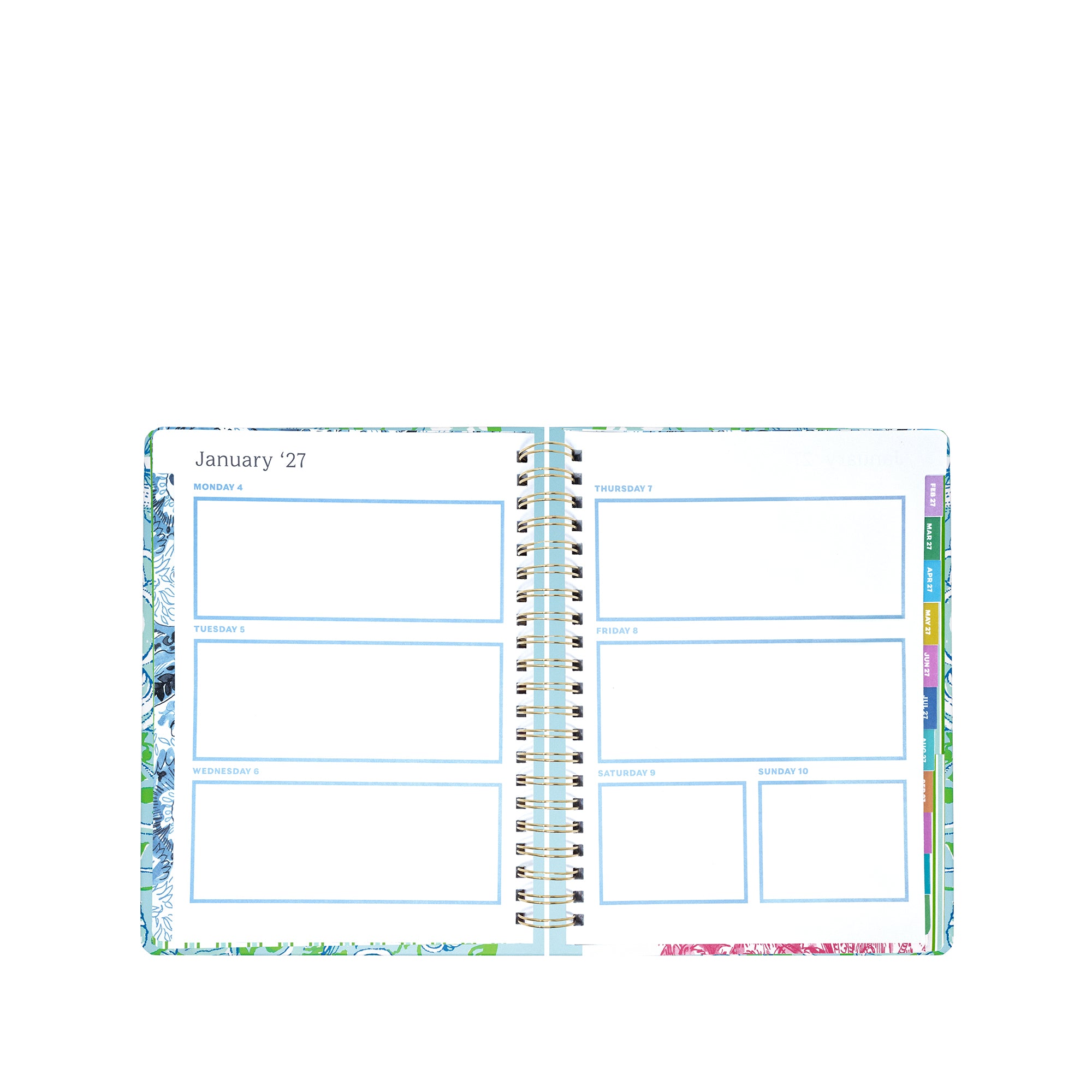 Open planner with colorful design on a white background