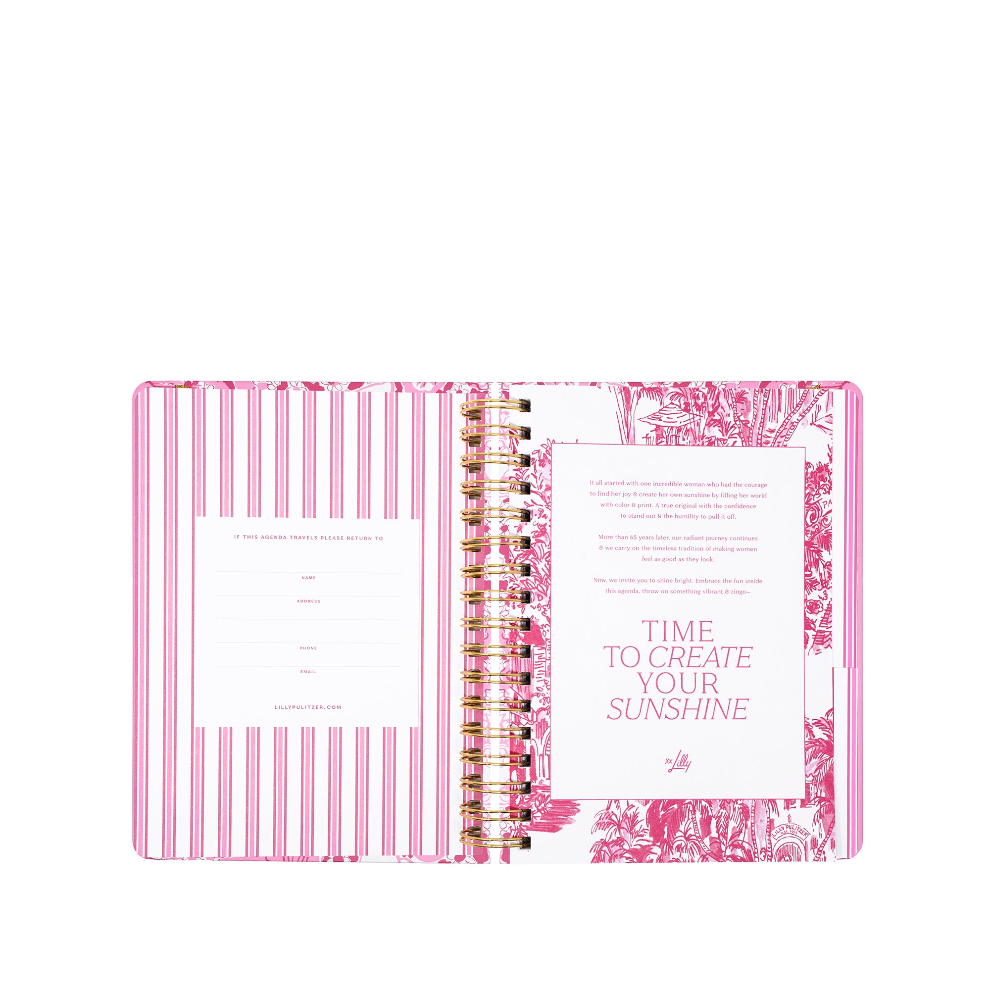 Open planner with pink and white design on a white background
