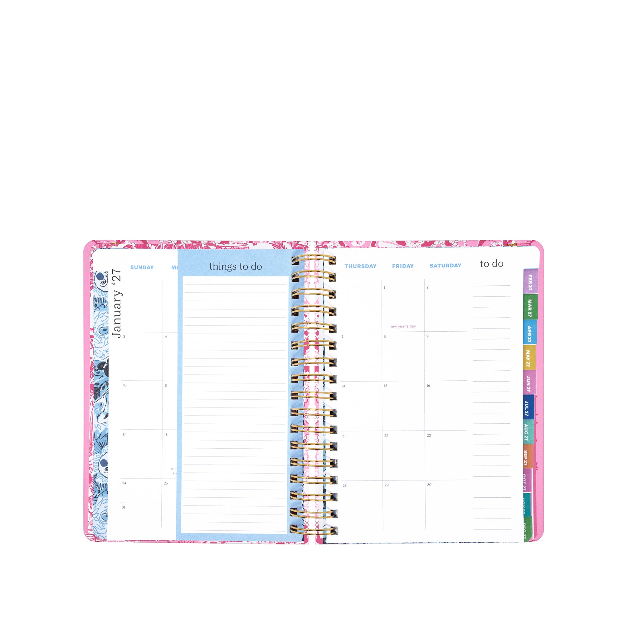 Planner with colorful tabs and a floral design on a white background