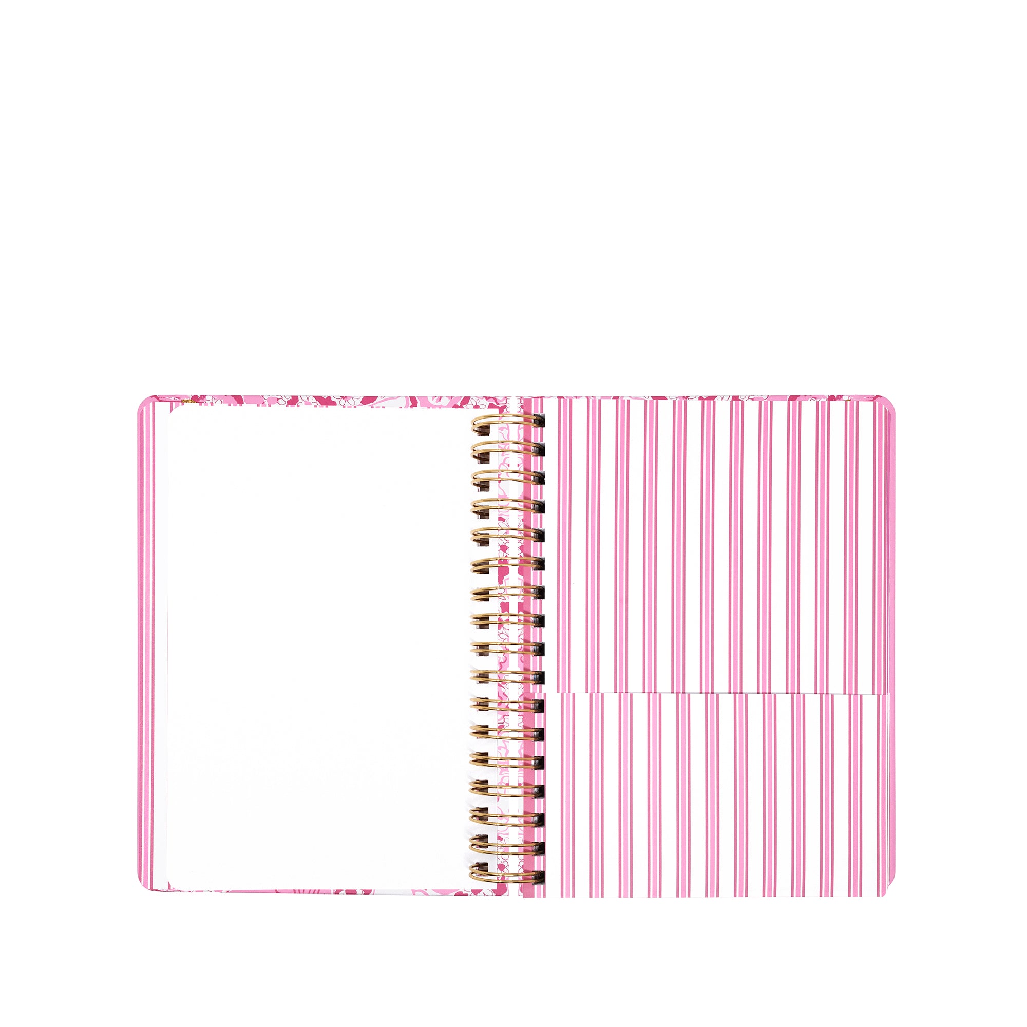 Spiral-bound planner with pink and white striped cover on a white background