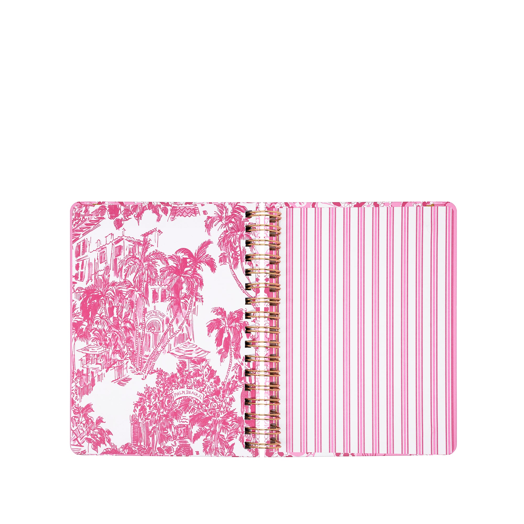 planner with pink floral and striped design on a white background