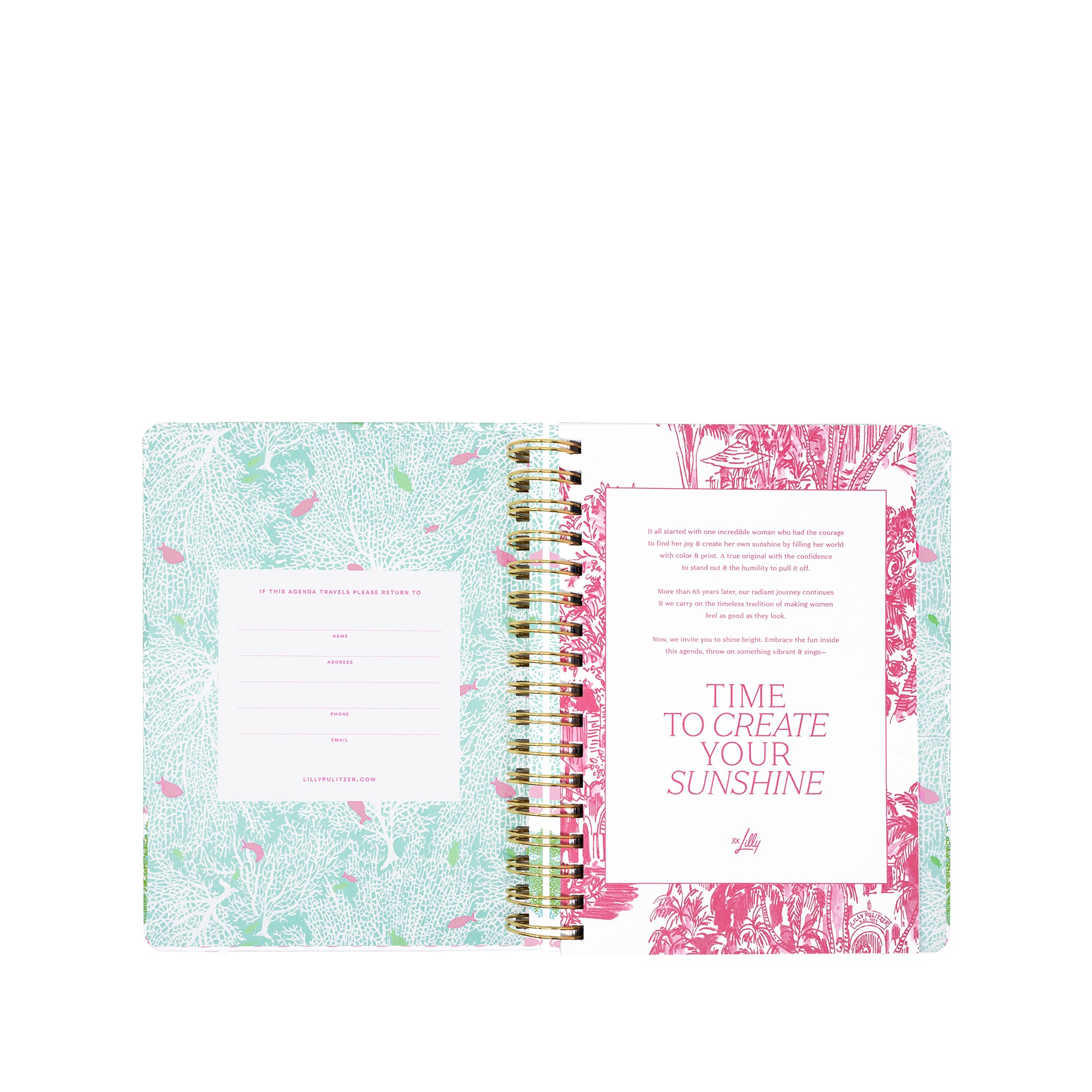 Open planner with floral design on a white background