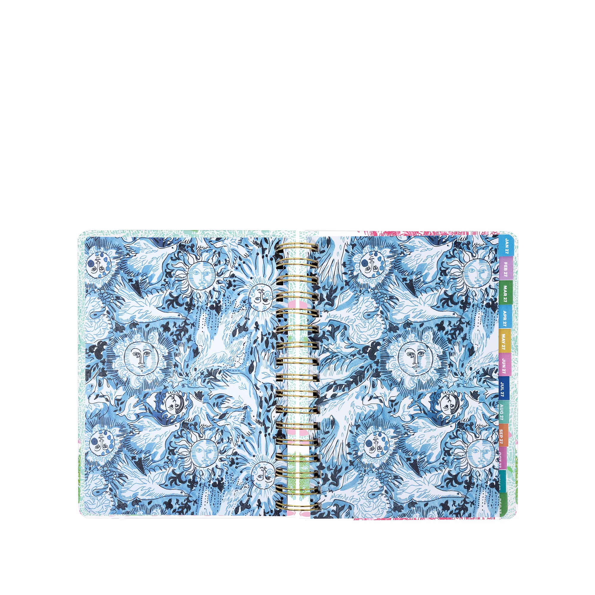 Open planner with celestial design on a white background