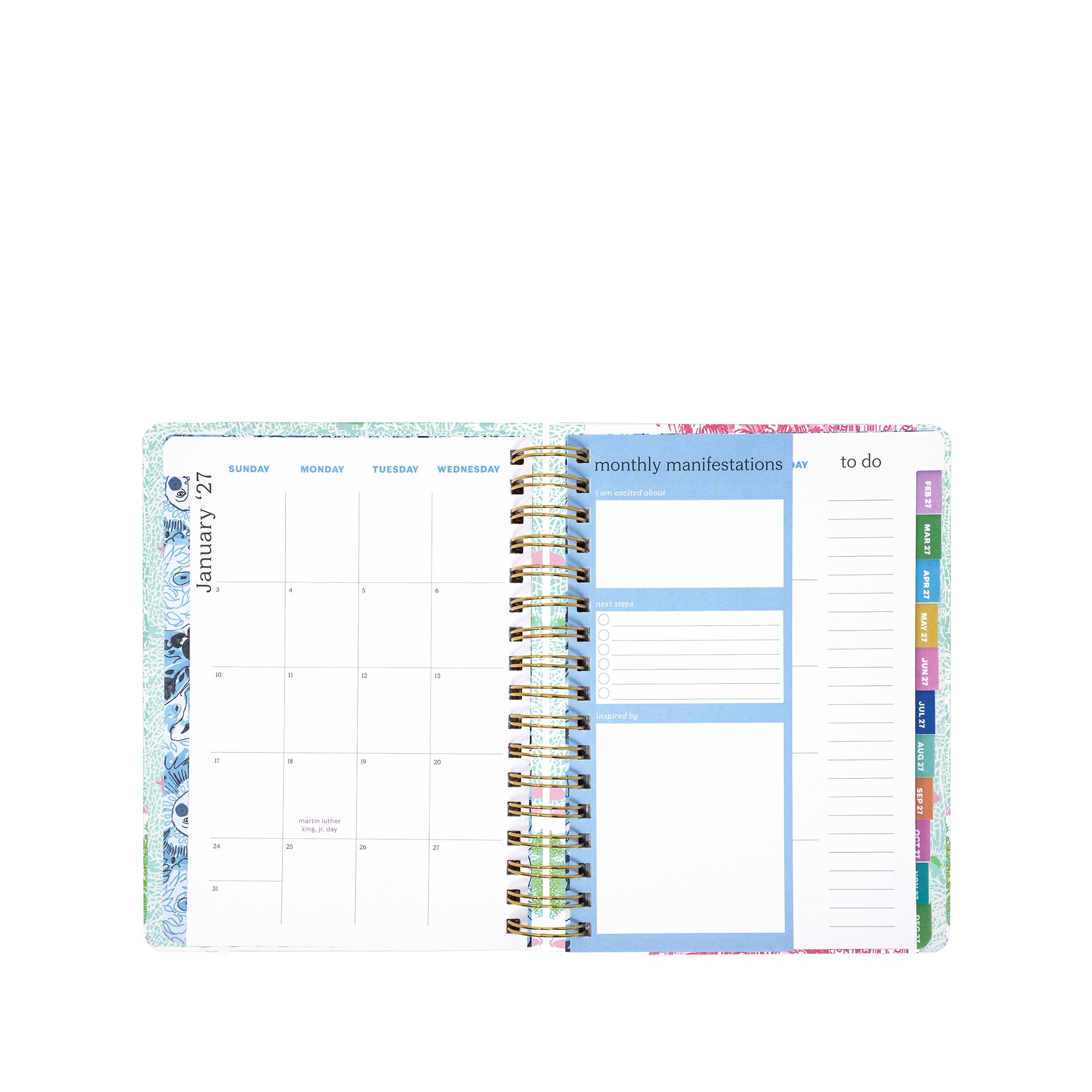 Woven planner with colorful tabs on a white background