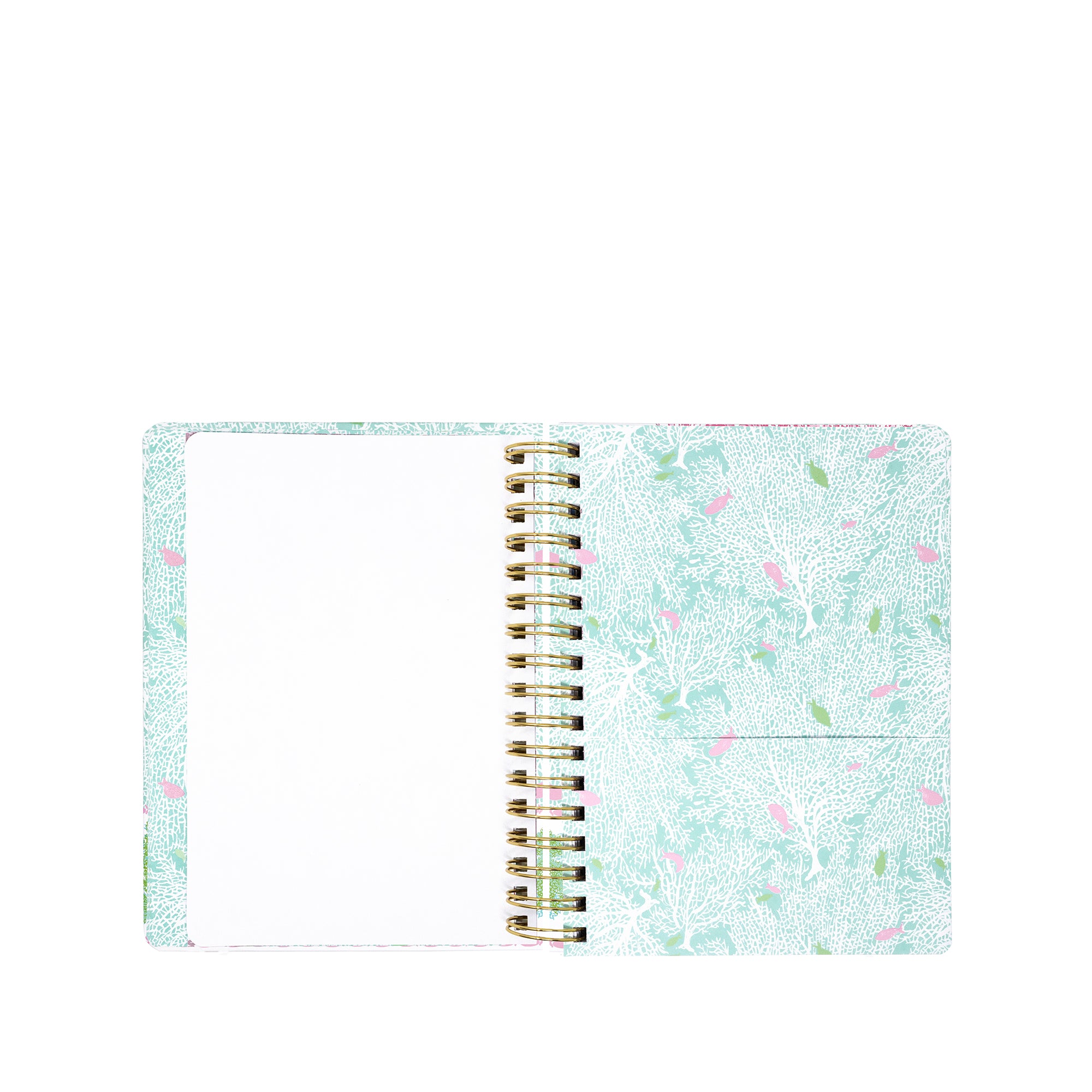 Spiral-bound notebook with a floral pattern on a white background