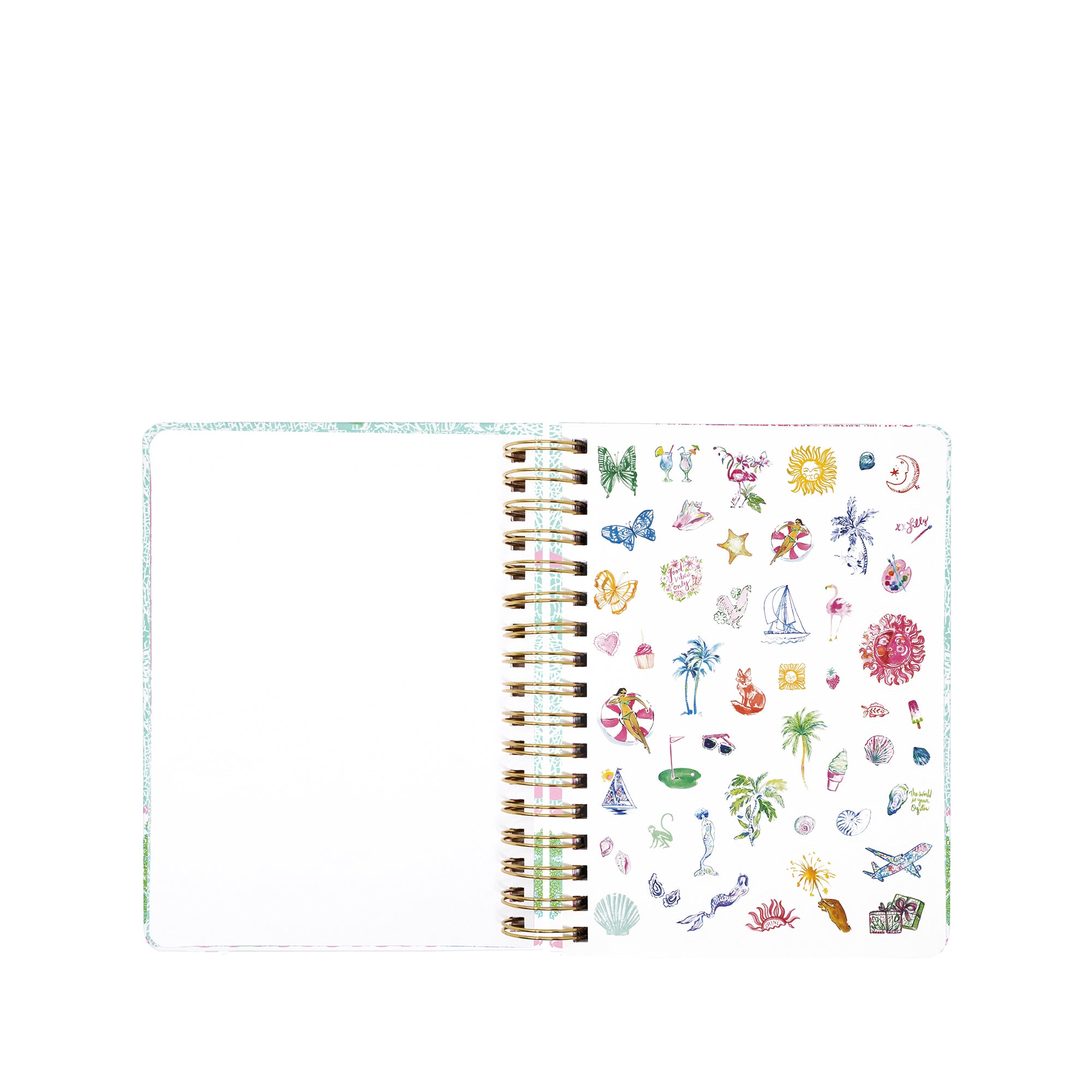 Planner with colorful stickers on a white background