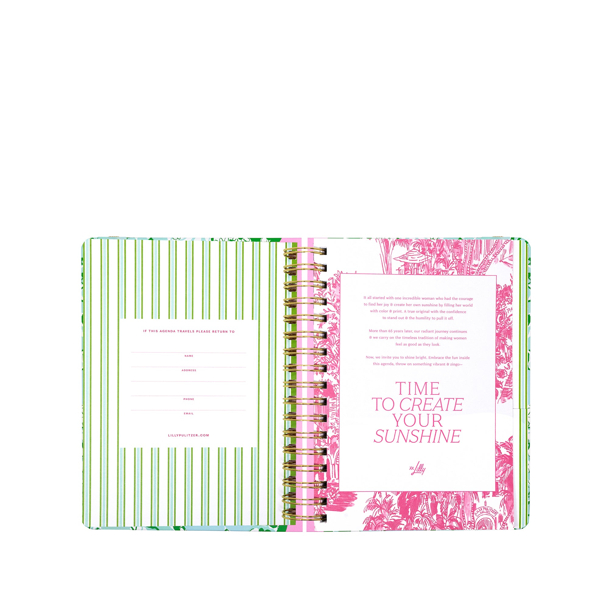 Open planner with green and pink decorative pages on a white background