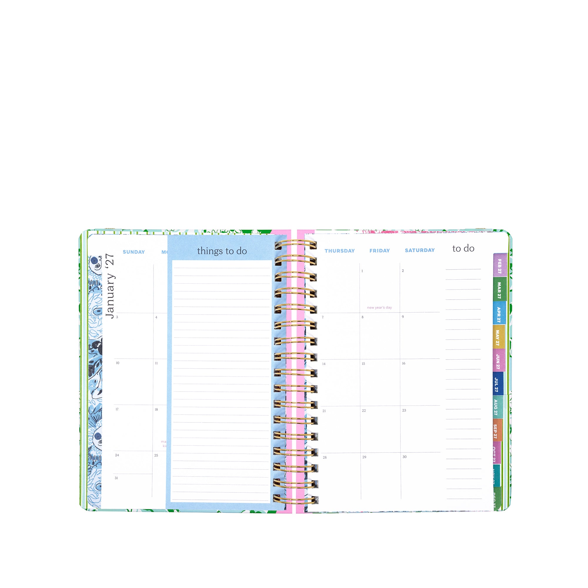 Multicolored planner with various sections on a white background