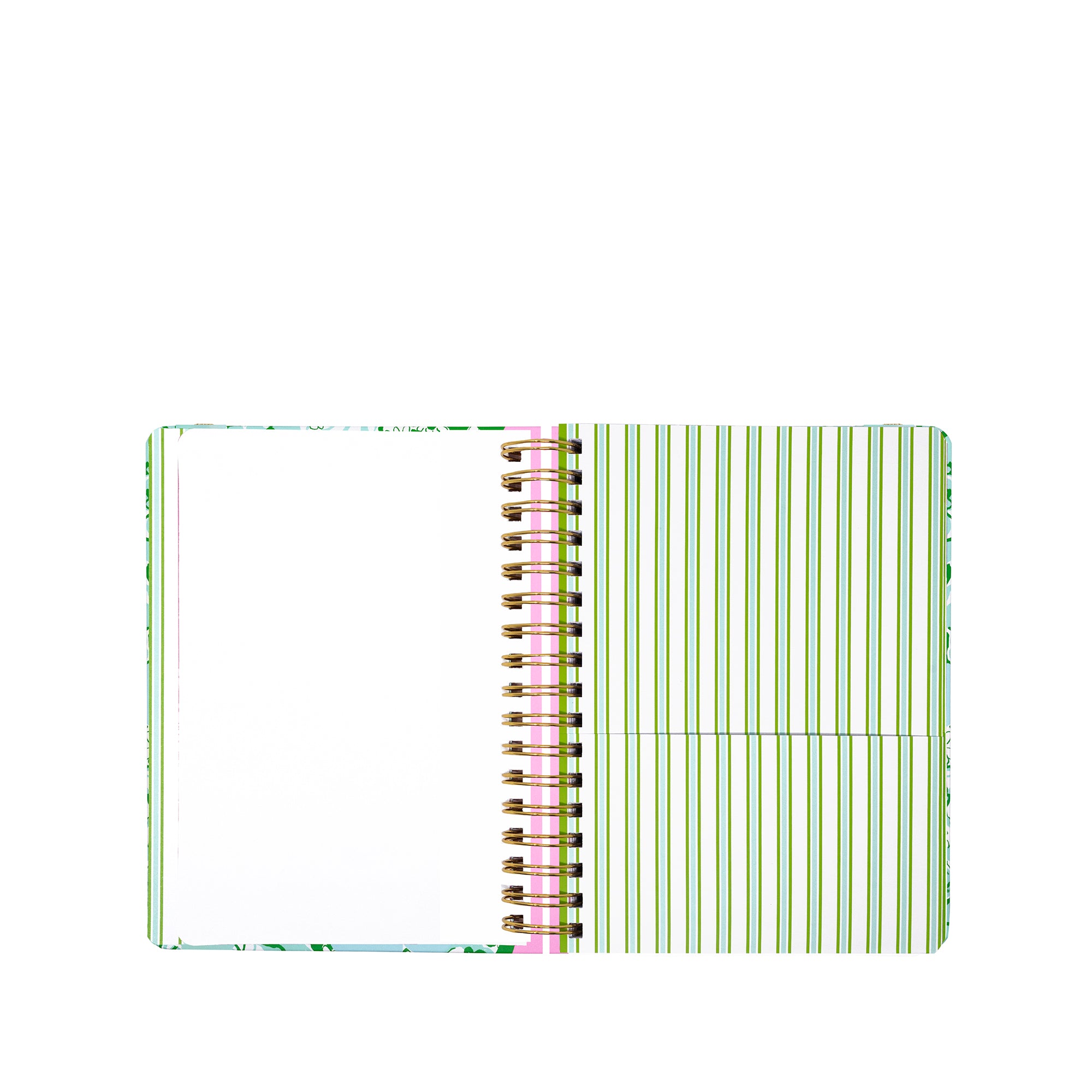 planner with striped cover and pink spine on a white background