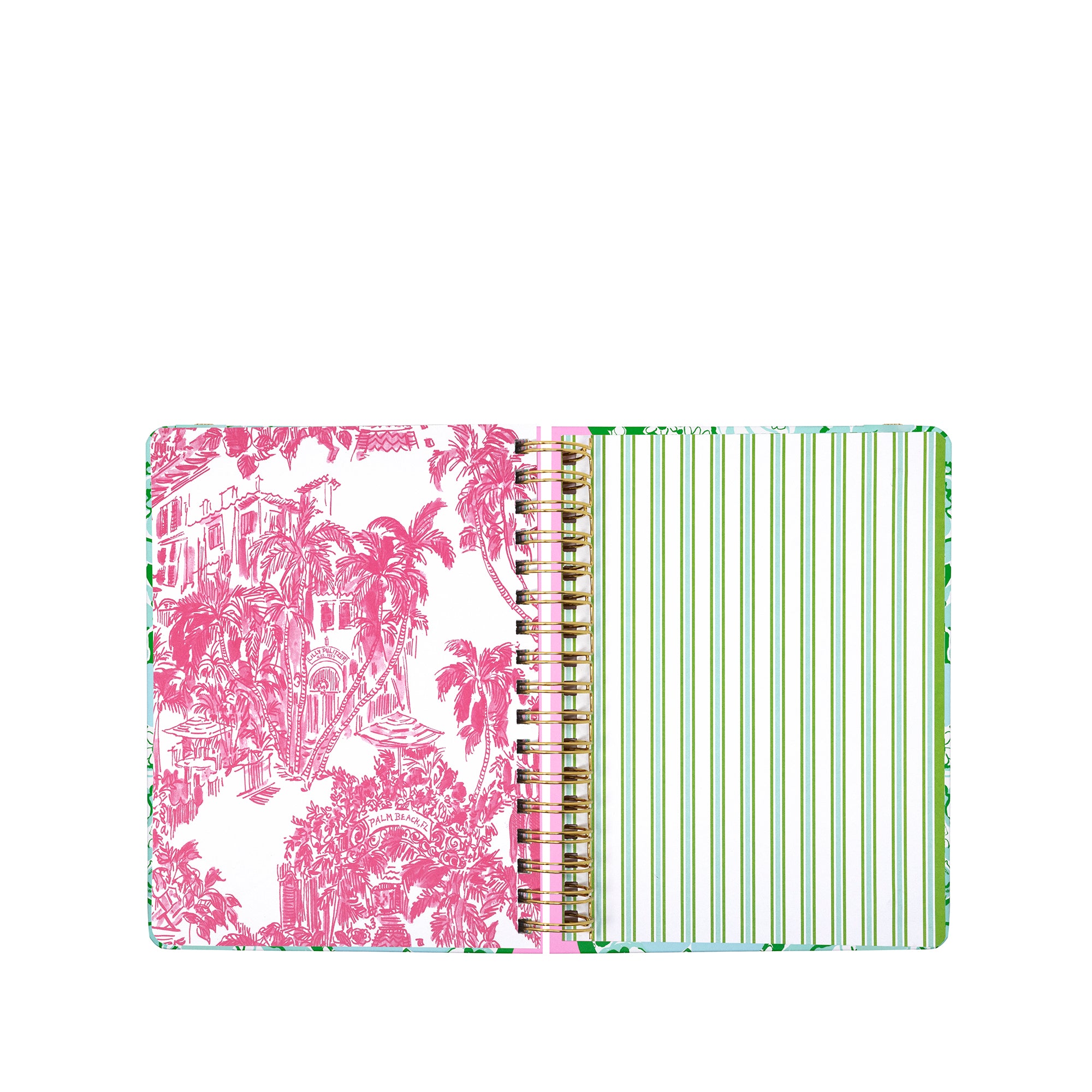 planner with pink floral and green striped design on a white background