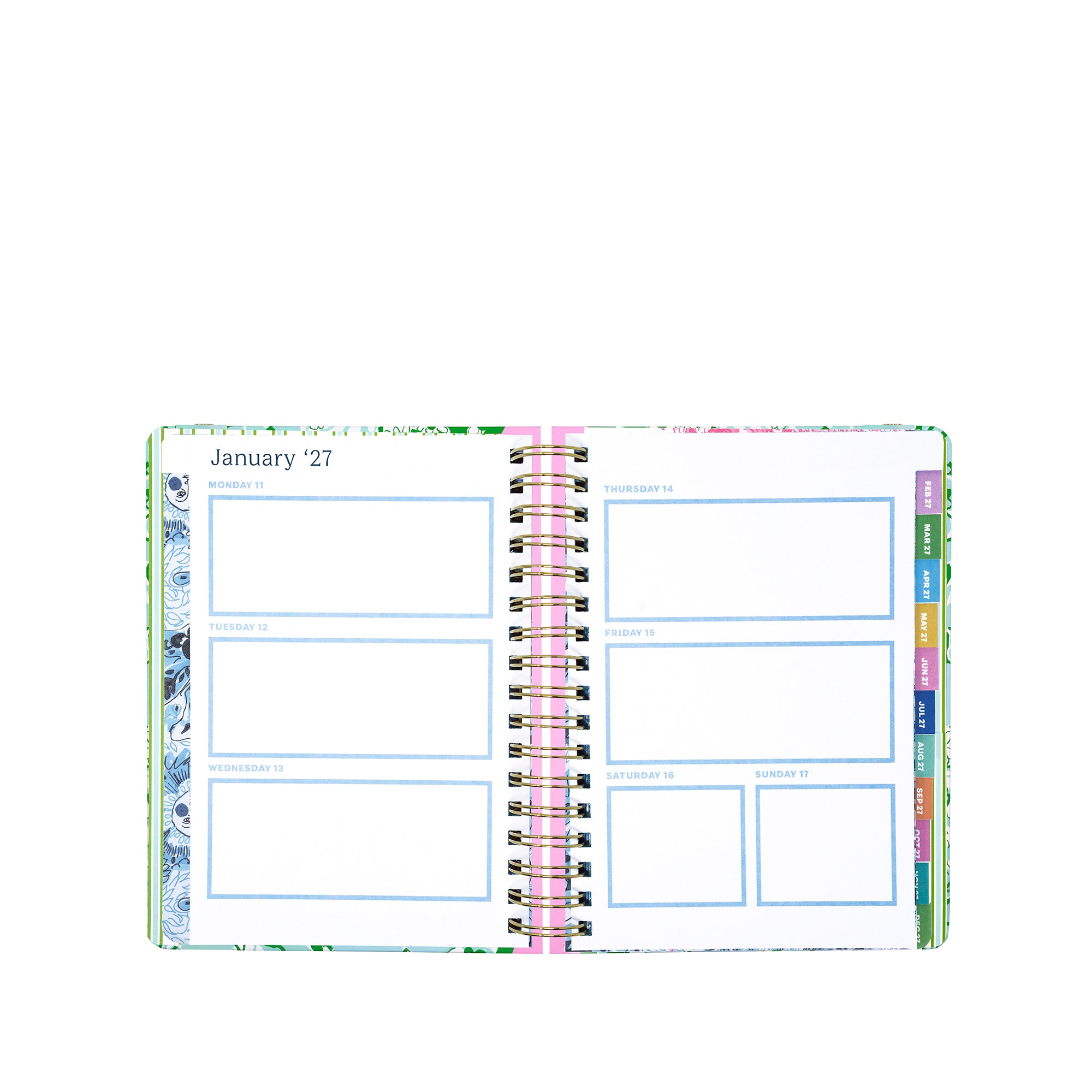 Open planner showing a weekly layout with colorful tabs on a white background