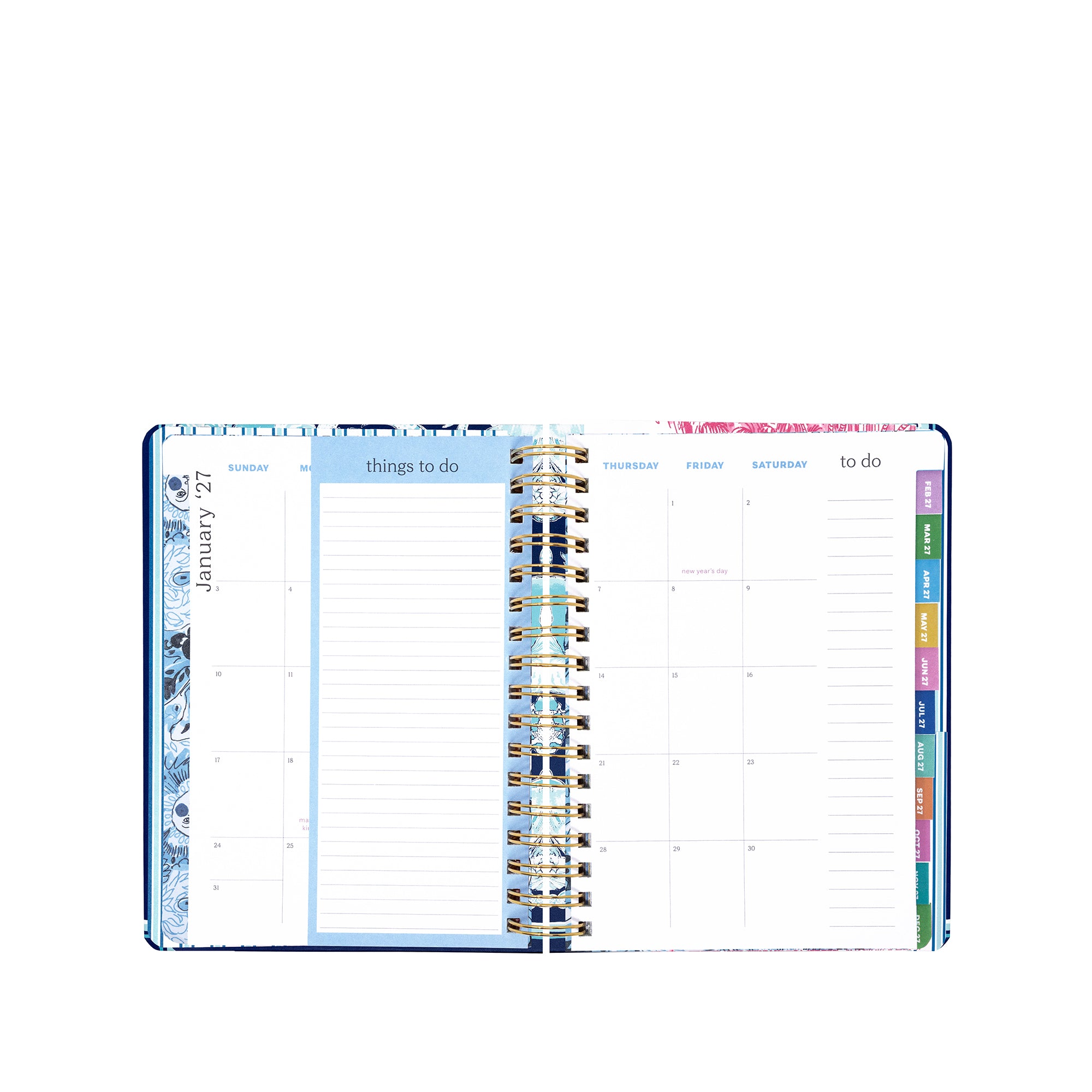 Planner with colorful tabs on a white background