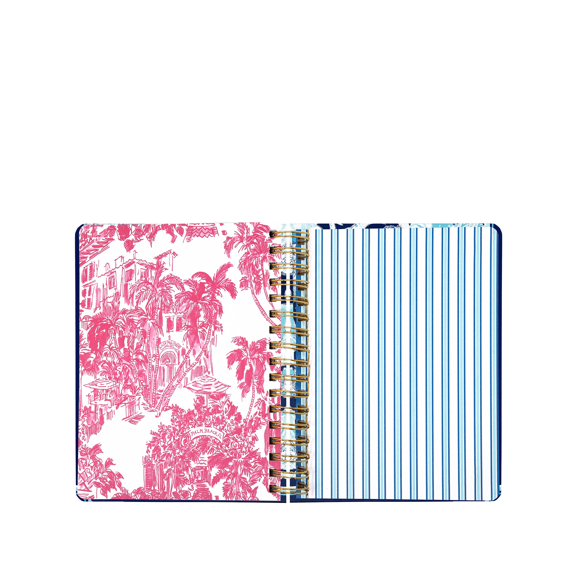 planner with pink floral design on one side and plain pages on the other, on a white background.