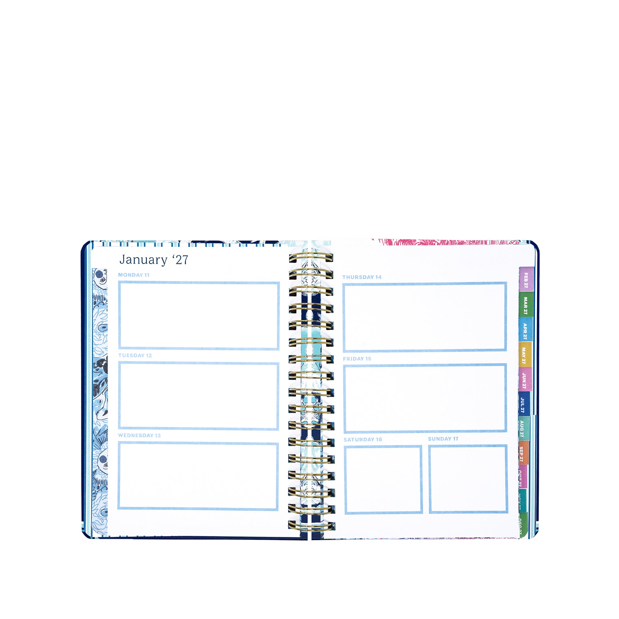 Open planner with colorful tabs on a white background
