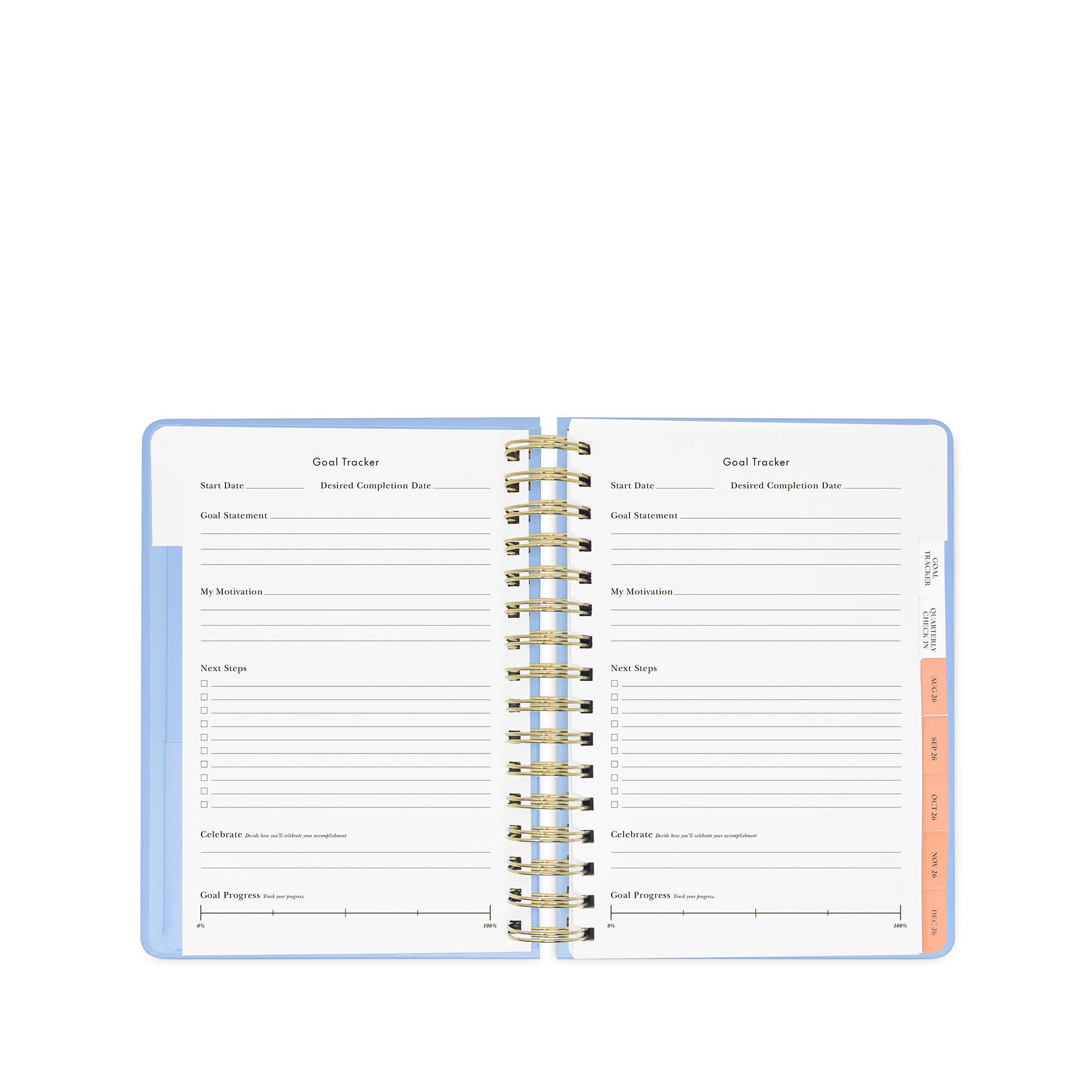 Open planner with spiral binding on a white background
