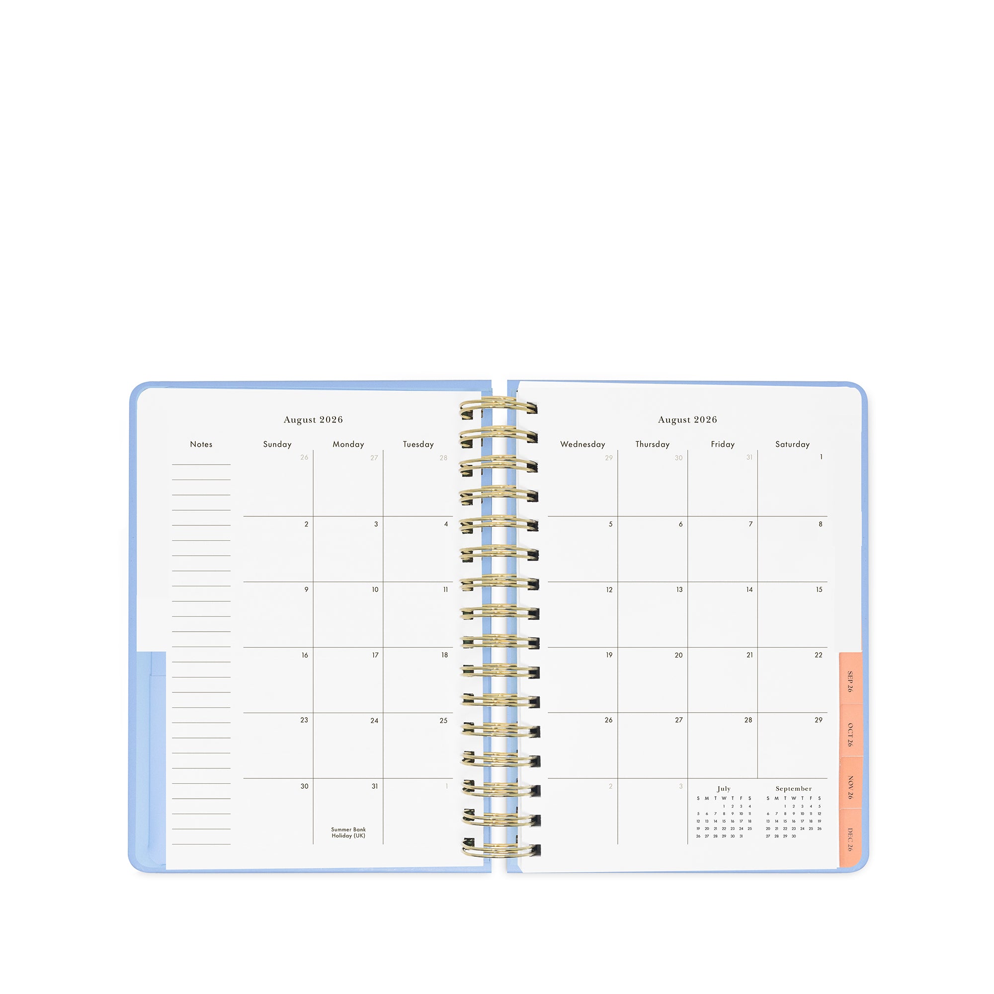 Open planner with monthly calendar layout on a white background