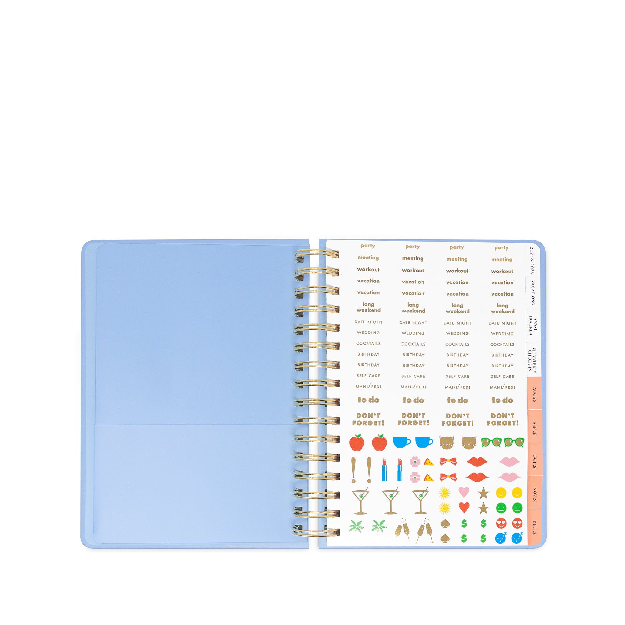 Open planner with light blue cover and colorful stickers on a white background