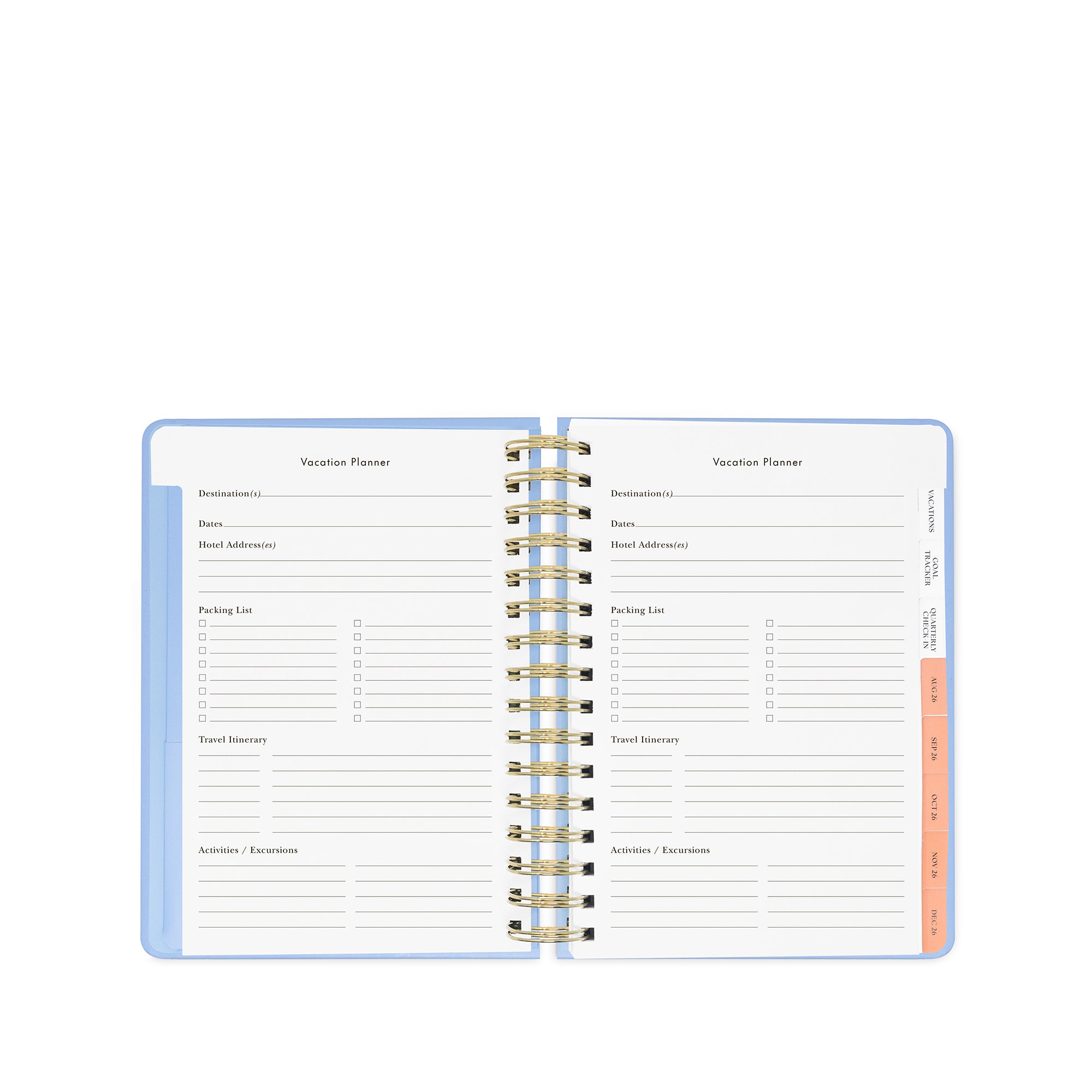 Open planner with vacation planner section on a white background