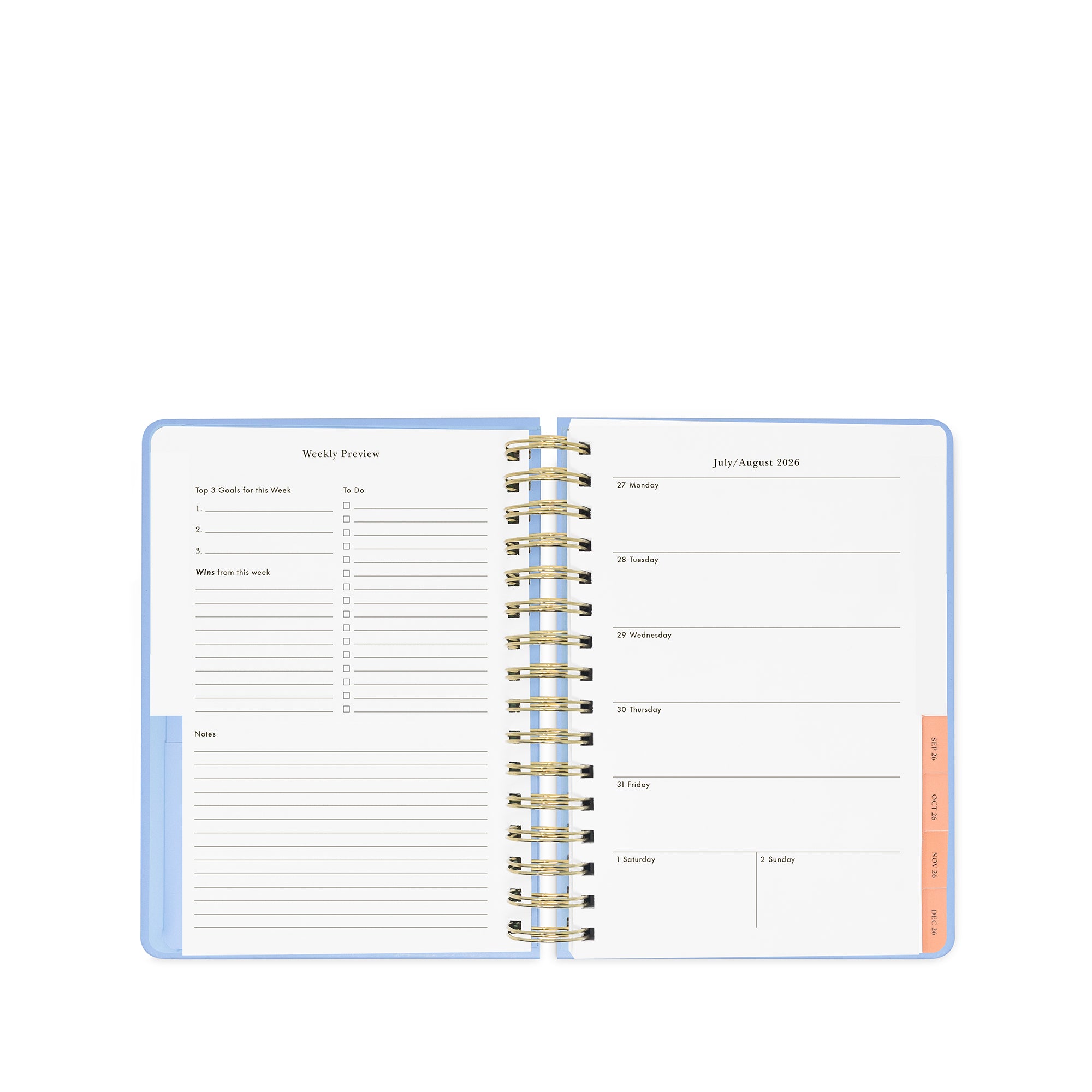 Open planner with weekly schedule and notes section on a white background