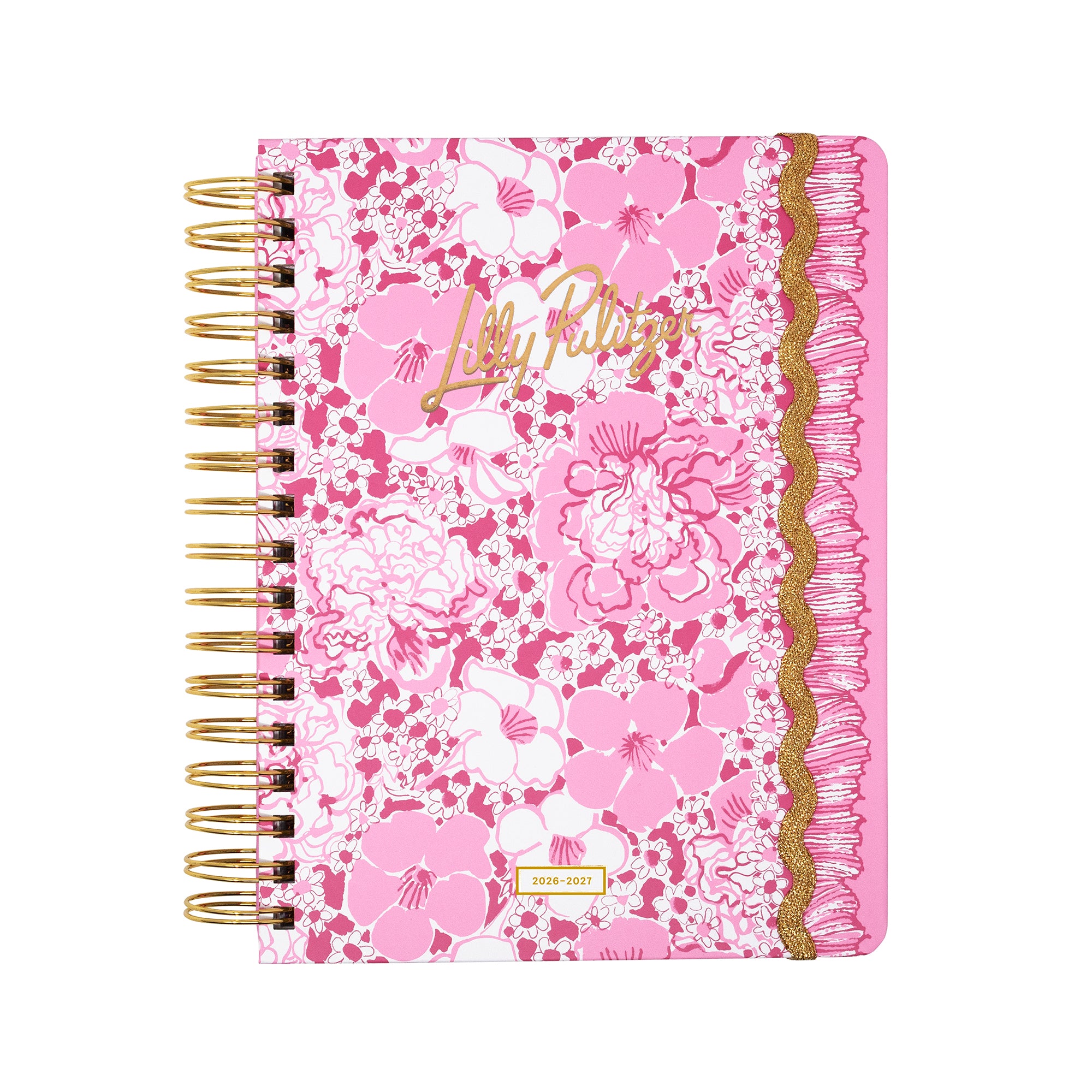 Pink floral planner with gold accents on a white background