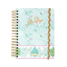 Lilly Pulitzer planner with floral design and gold accents on a white background