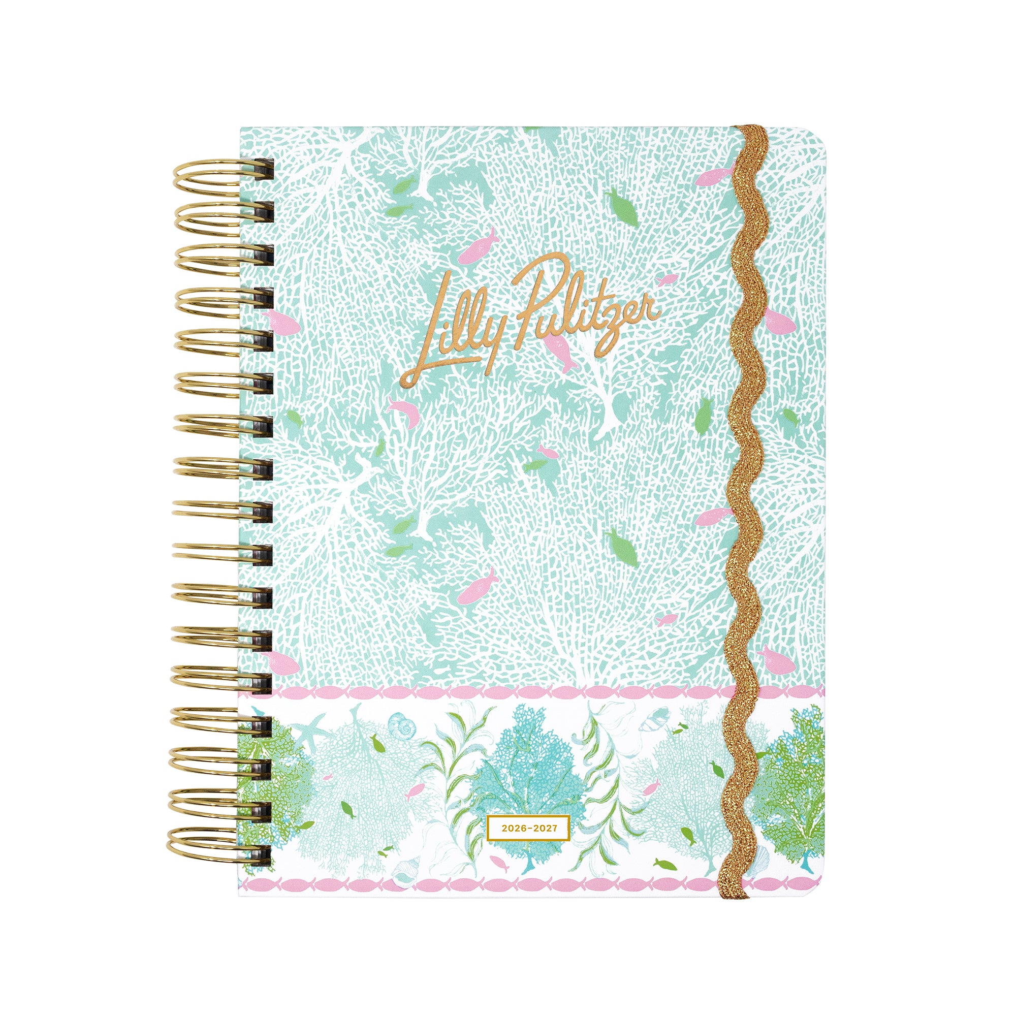 Lilly Pulitzer planner with floral design and gold accents on a white background