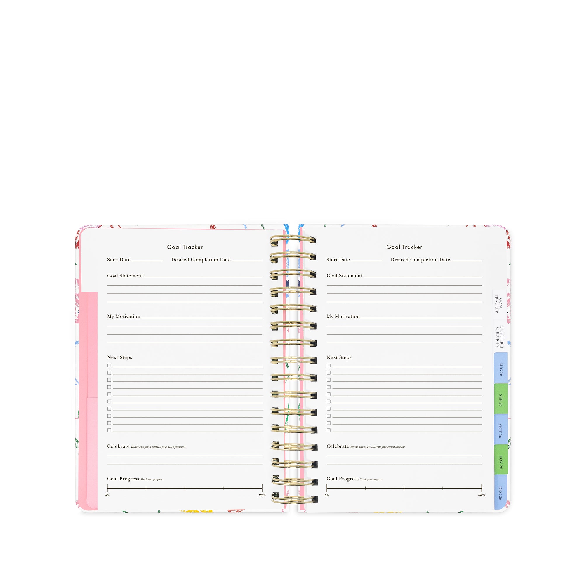 Two open pages of a planner with goal tracking sections on a white background