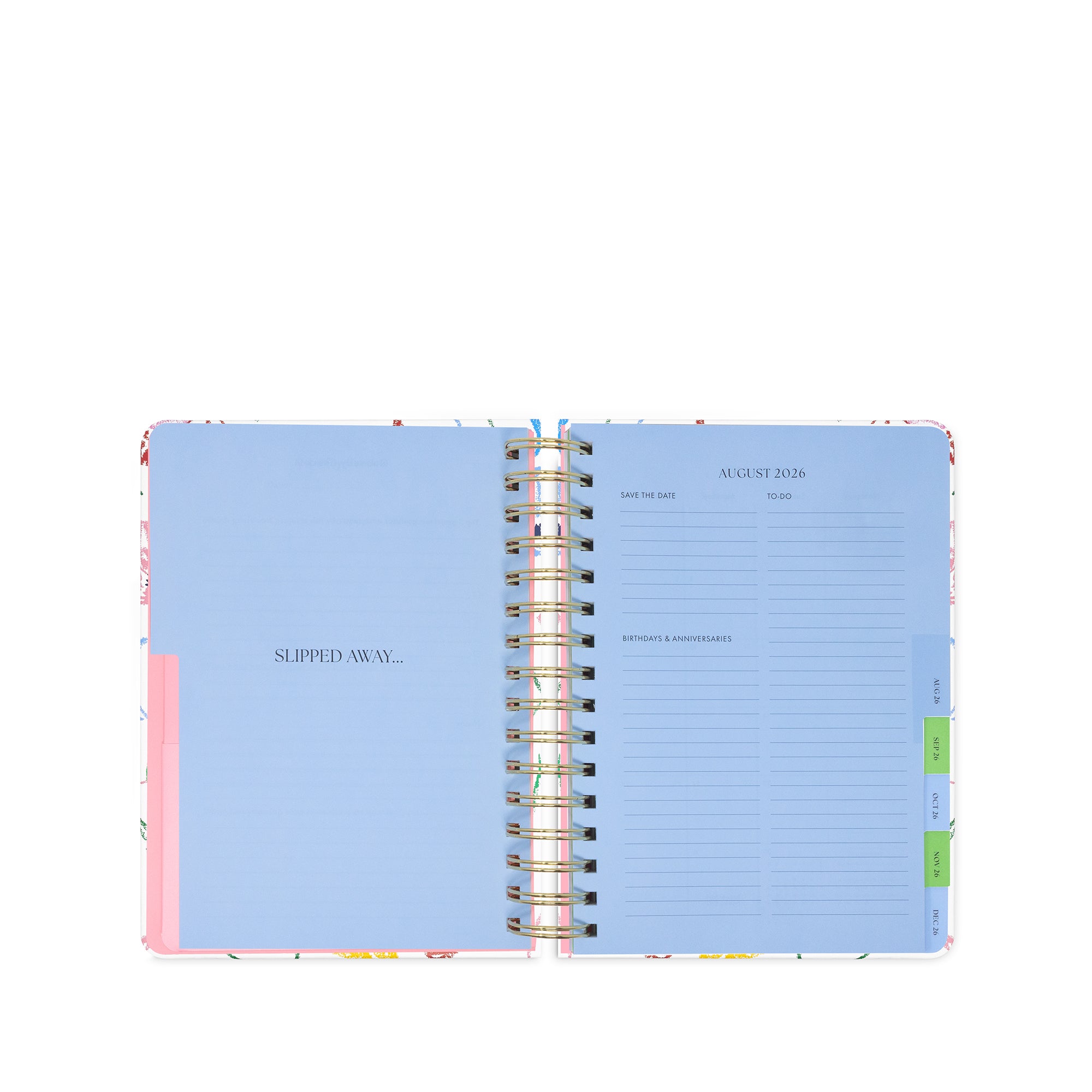 Open planner with colorful tabs on a white background