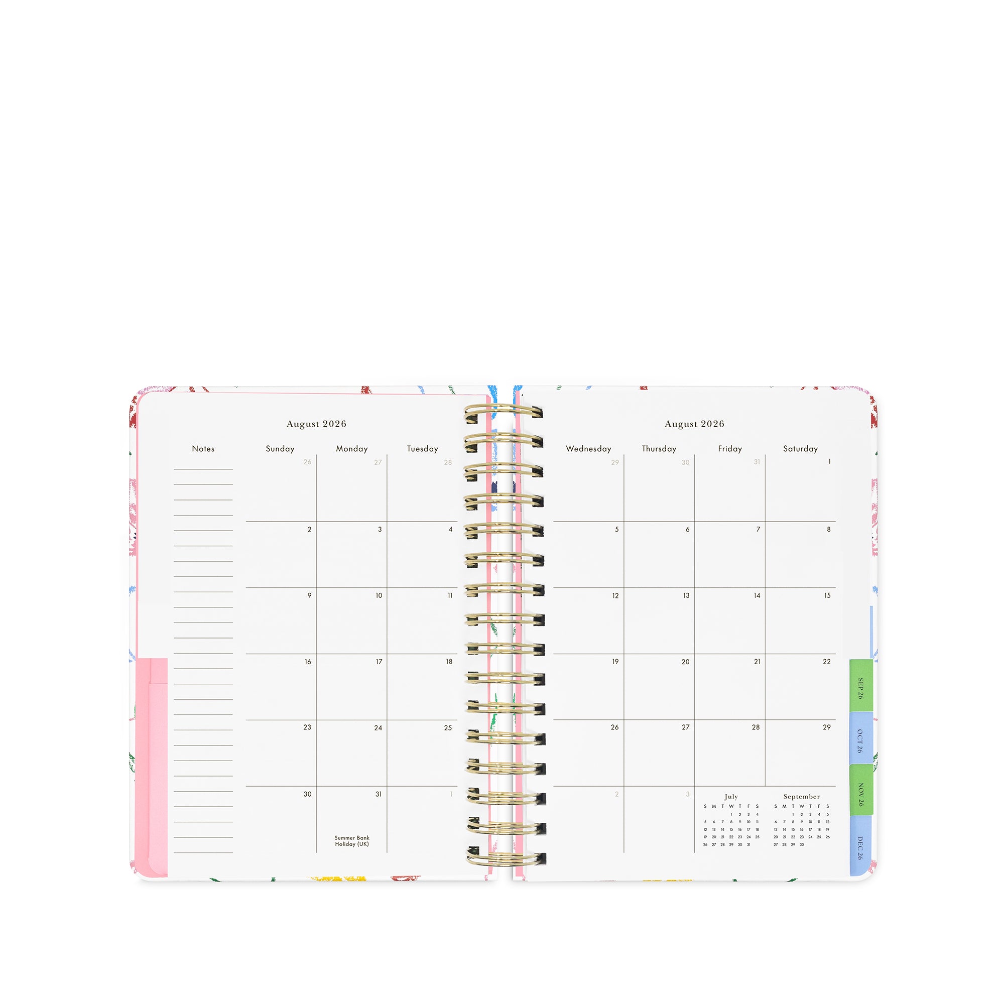Open planner showing a monthly calendar layout with colorful design elements on a white background.