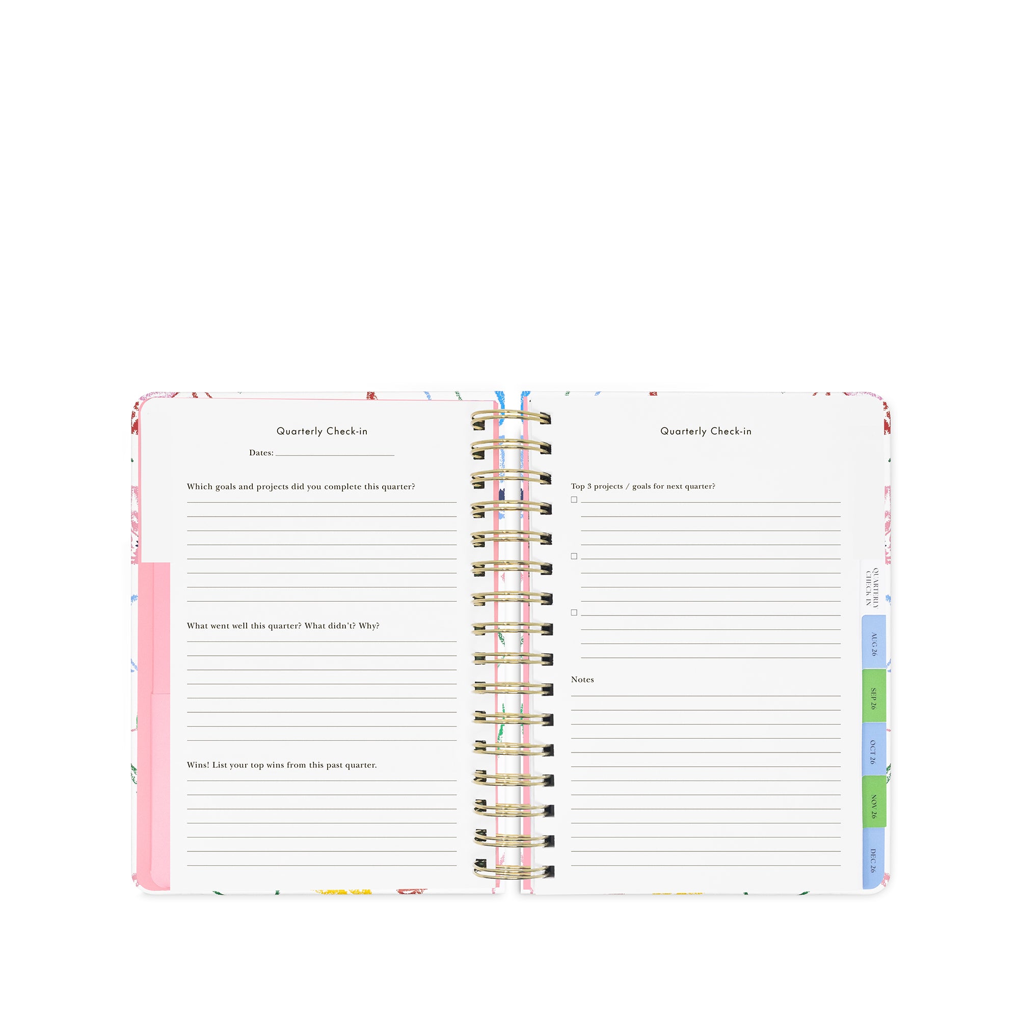 Spiral-bound planner with colorful tabs on a white background