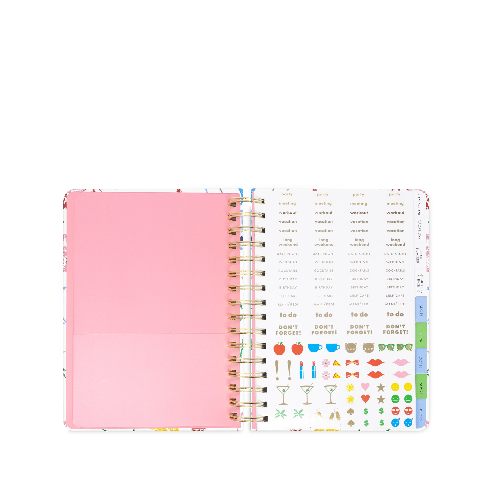 Open planner showing pink cover and colorful interior pages on a white background