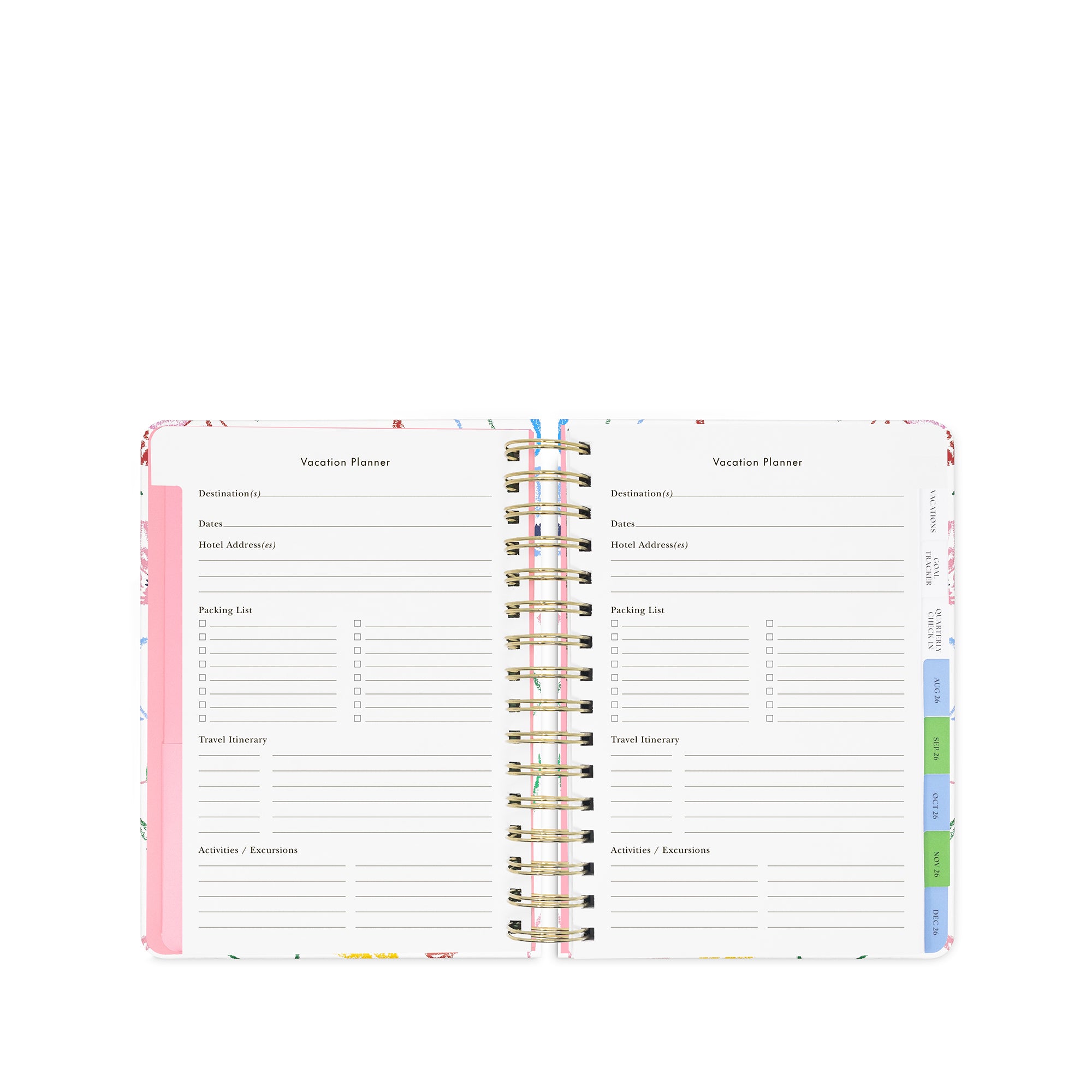 Vacation planner with sections for destination, dates, activities, and expenses on a white background.