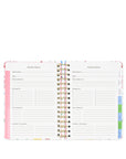 Vacation planner with sections for destination, dates, activities, and expenses on a white background.