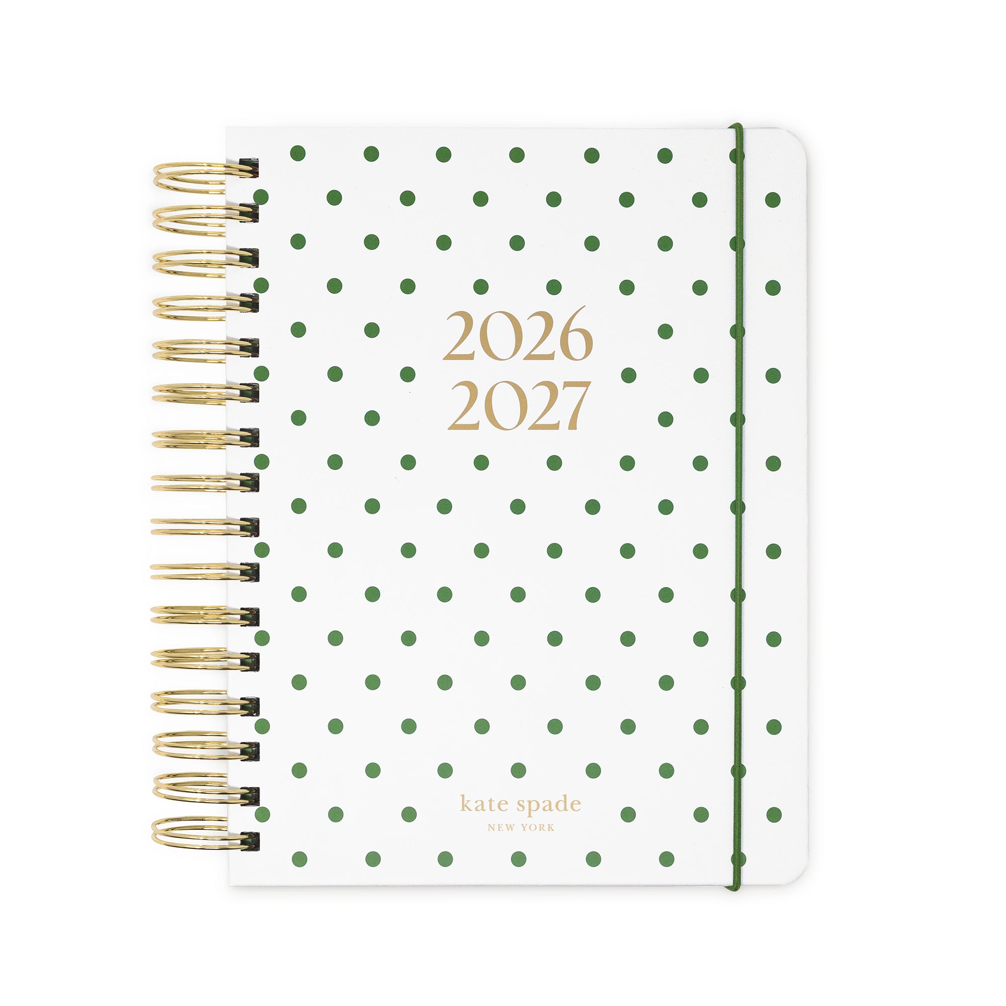 2026-2027 planner with green polka dot design and gold accents on a white background