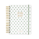 2026-2027 planner with green polka dot design and gold accents on a white background