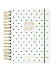 2026-2027 planner with green polka dot design and gold accents on a white background