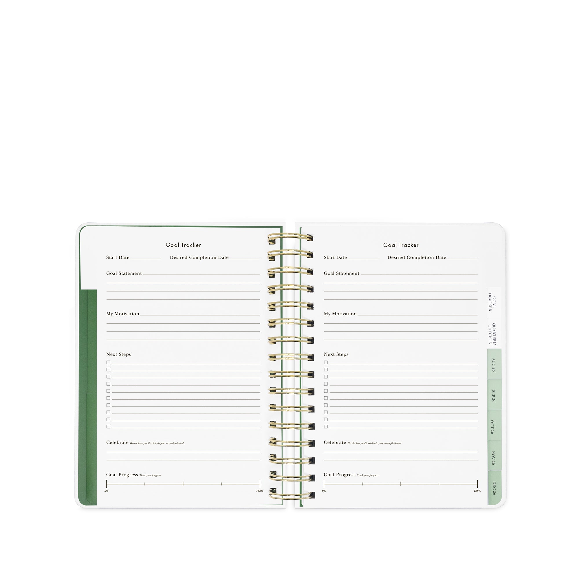 Open planner with goal tracking pages on a white background