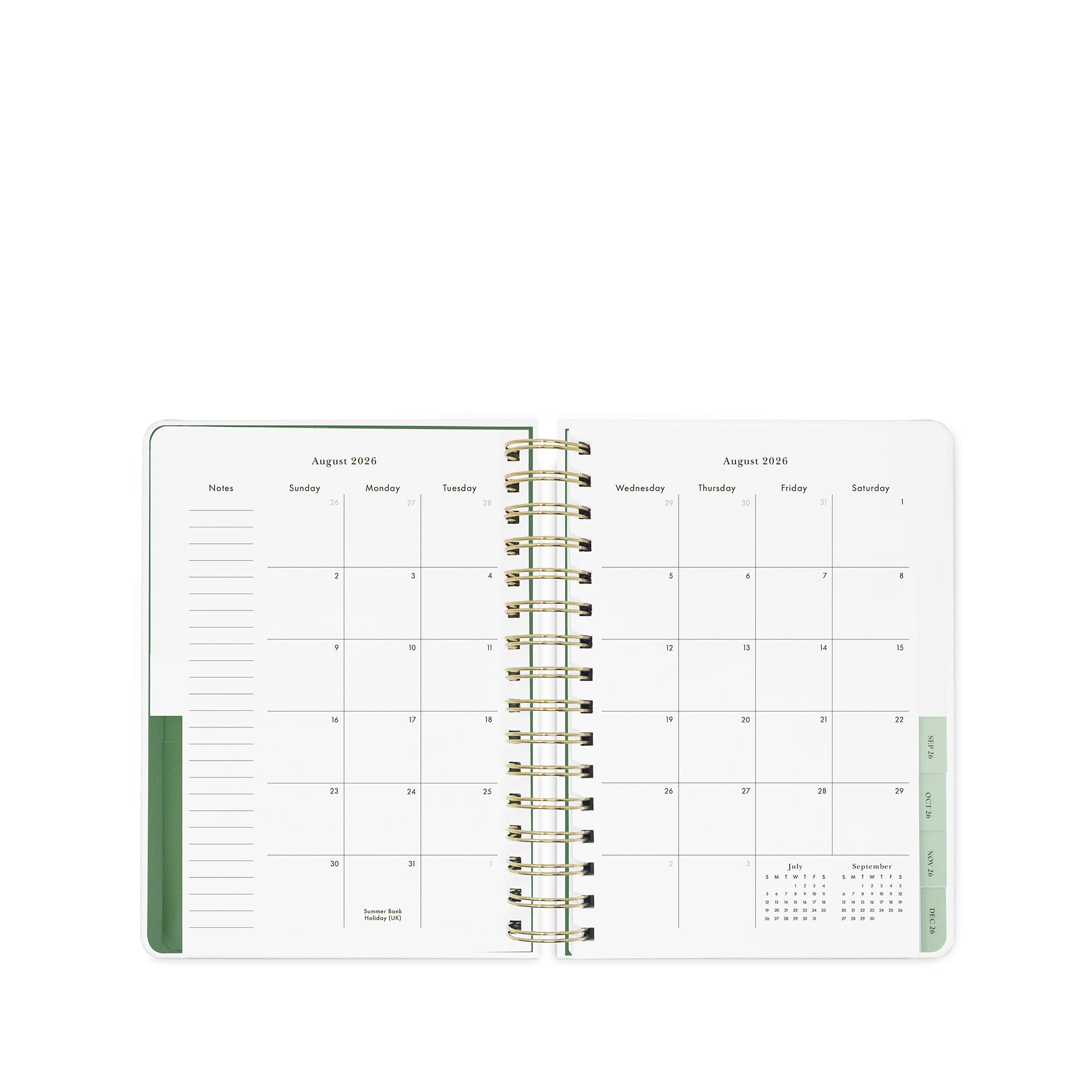 Open planner showing a monthly calendar layout with green binding on a white background