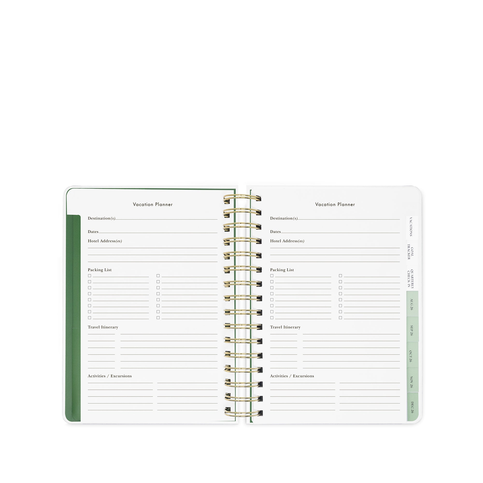 Open planner with vacation planner section on a white background