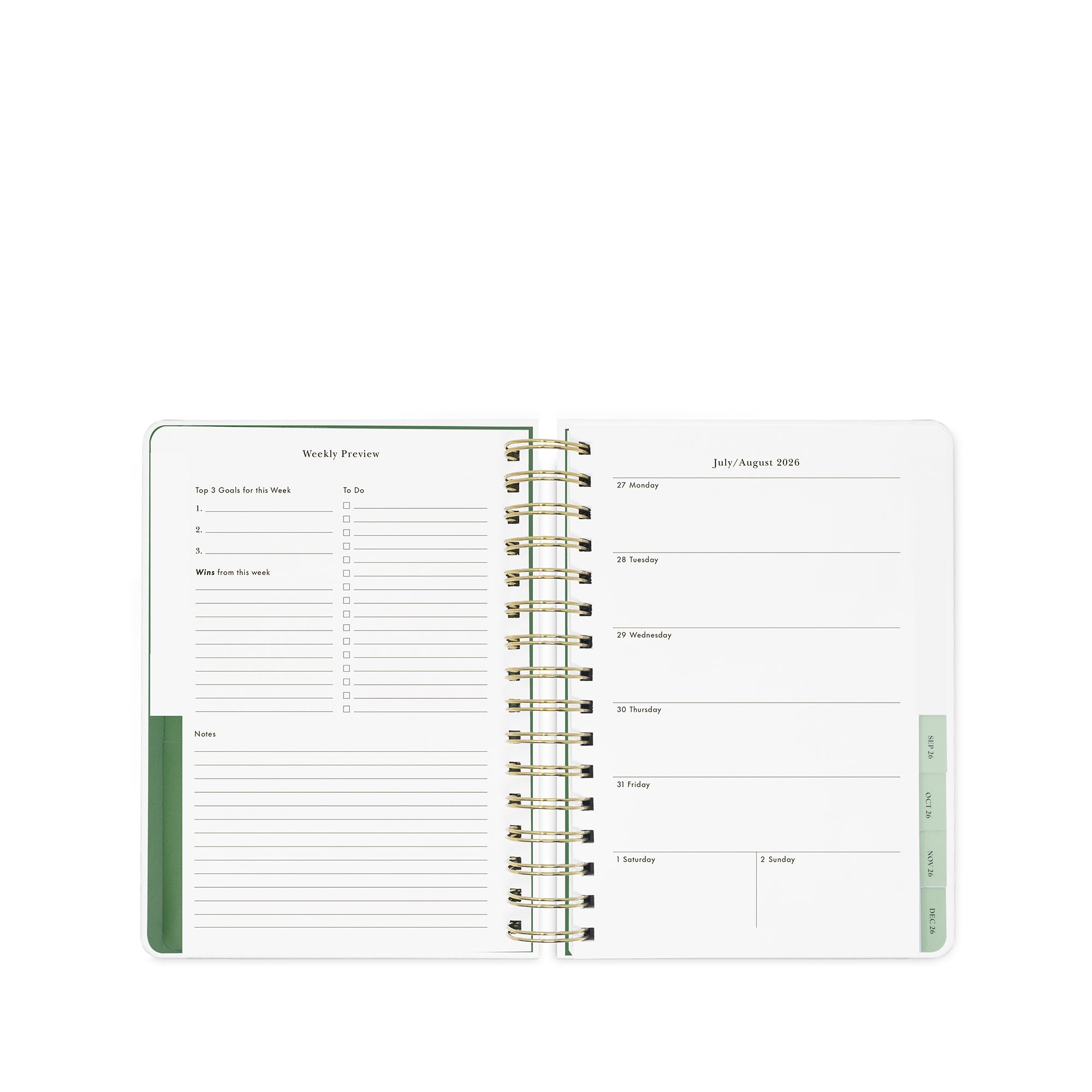 Wiro-bound planner with weekly and monthly layout on a white background