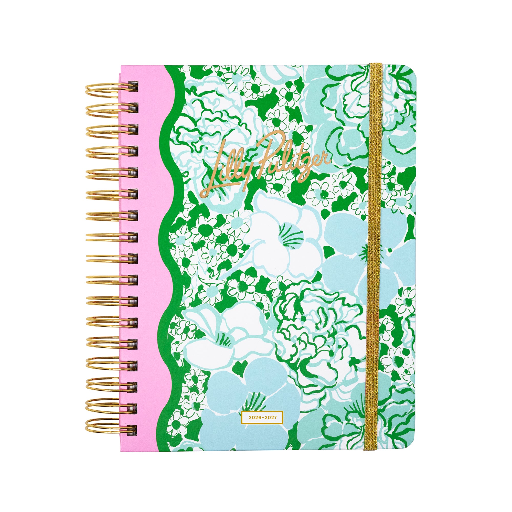 Floral patterned planner with gold spiral binding on a white background