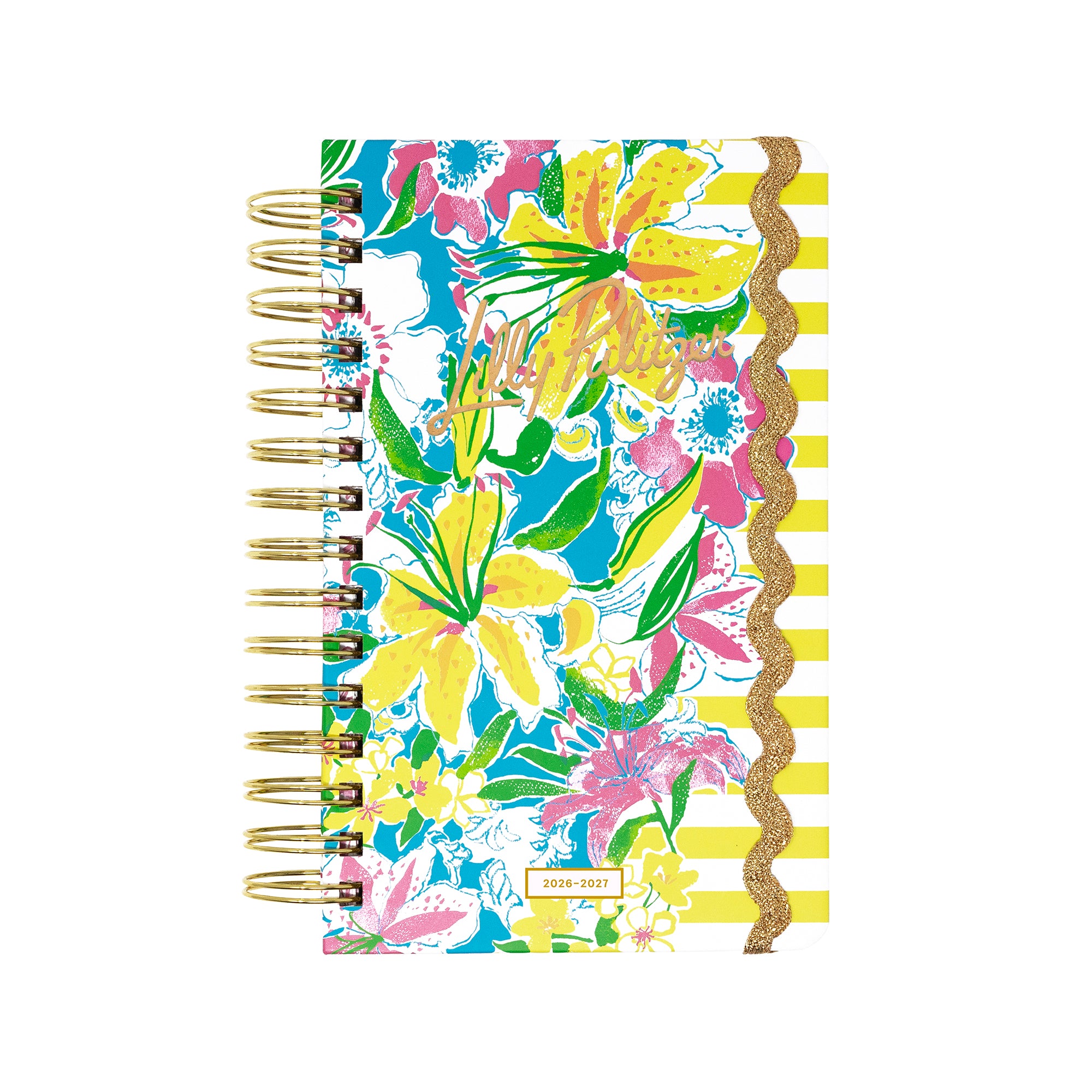 Floral planner with gold rings on a white background