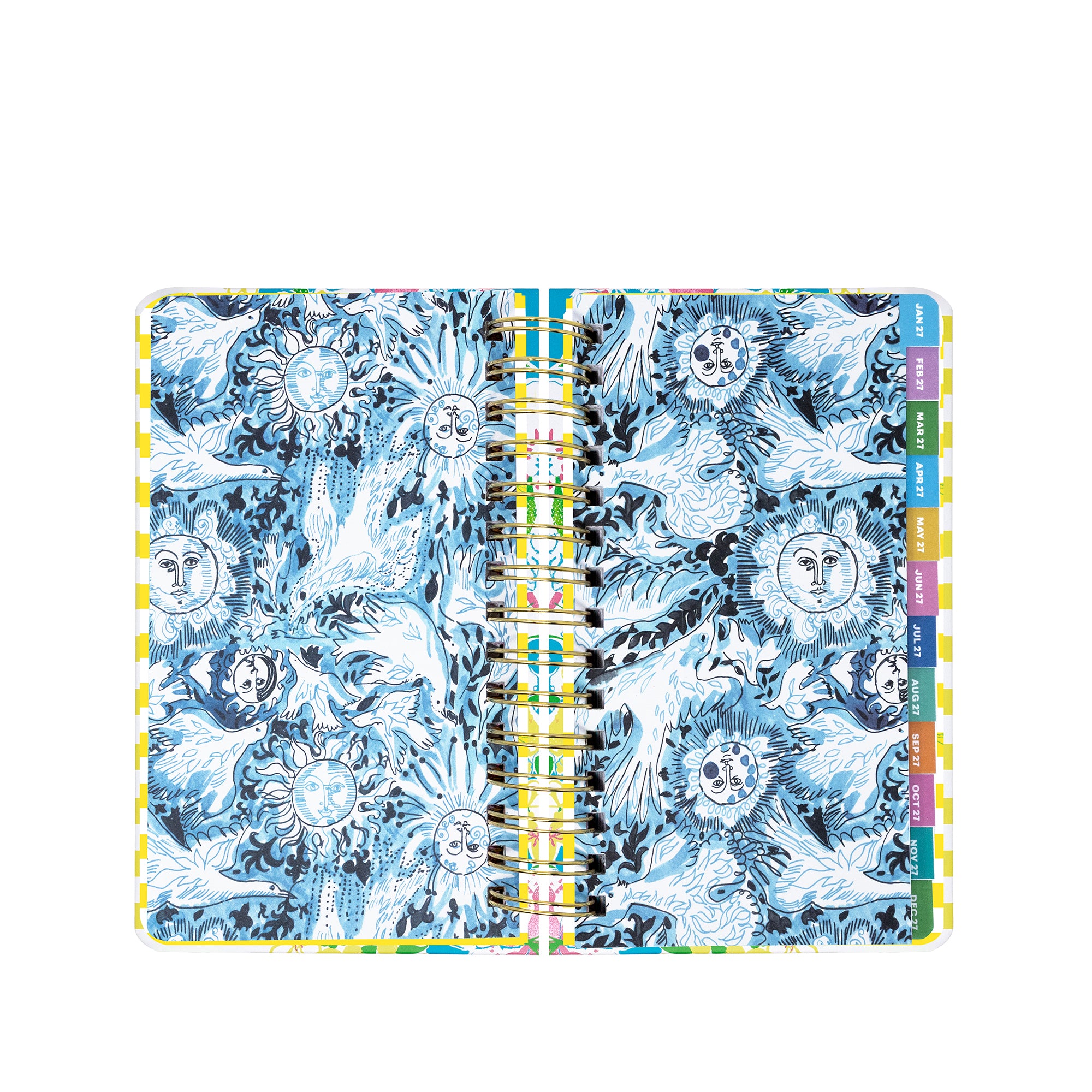 Planner with celestial design and colorful tabs on a white background