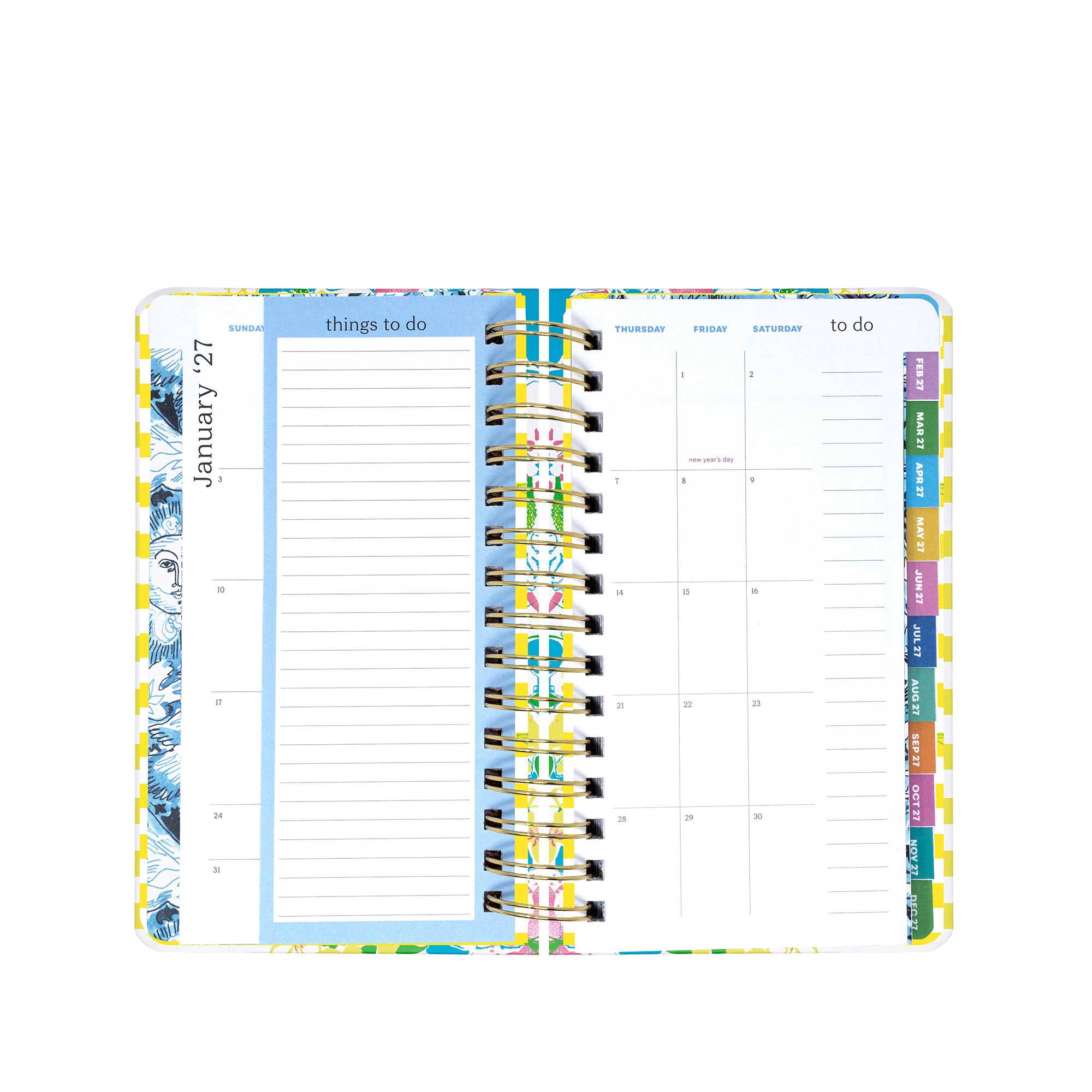 Planner with colorful tabs on a white background