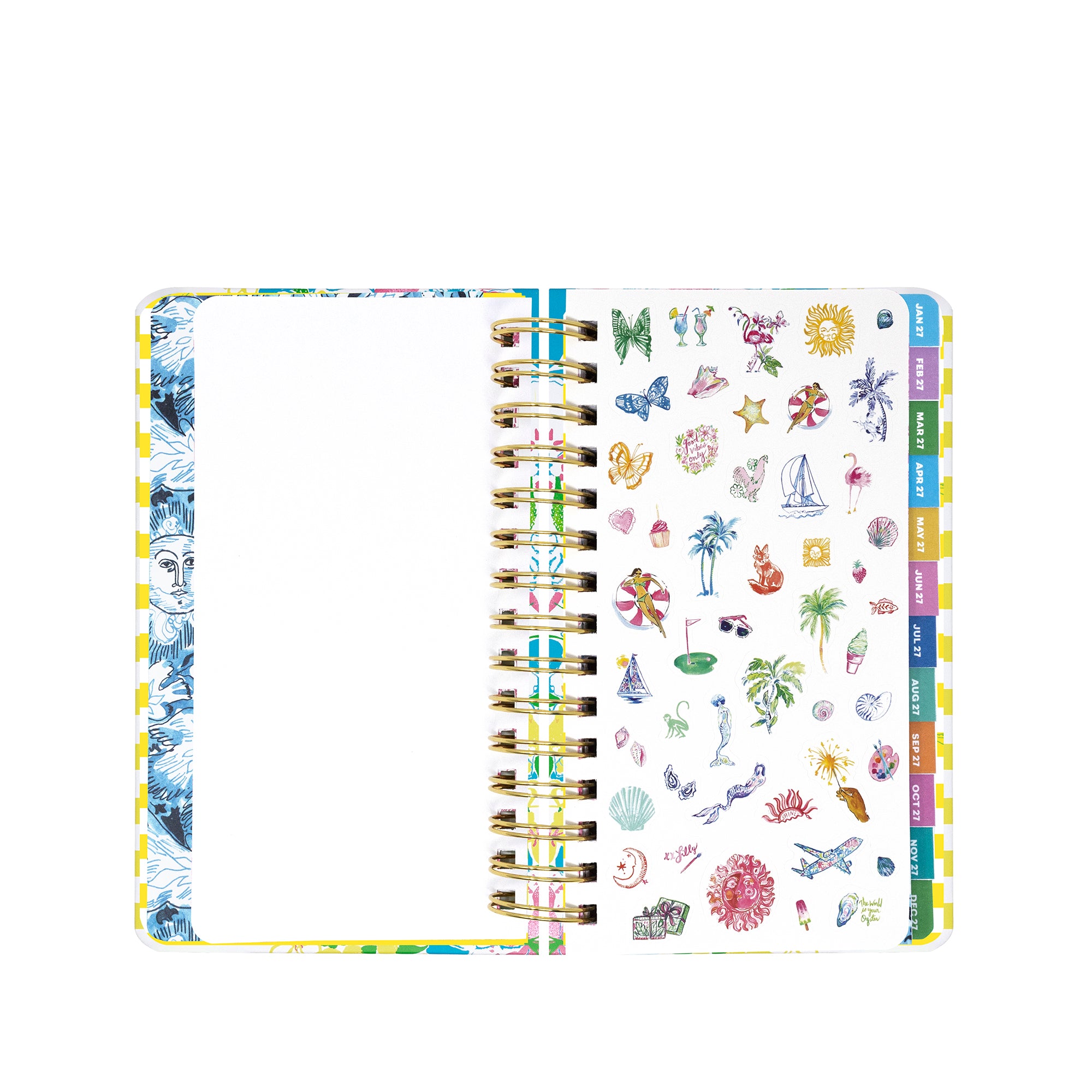 Planner with colorful stickers on a white background