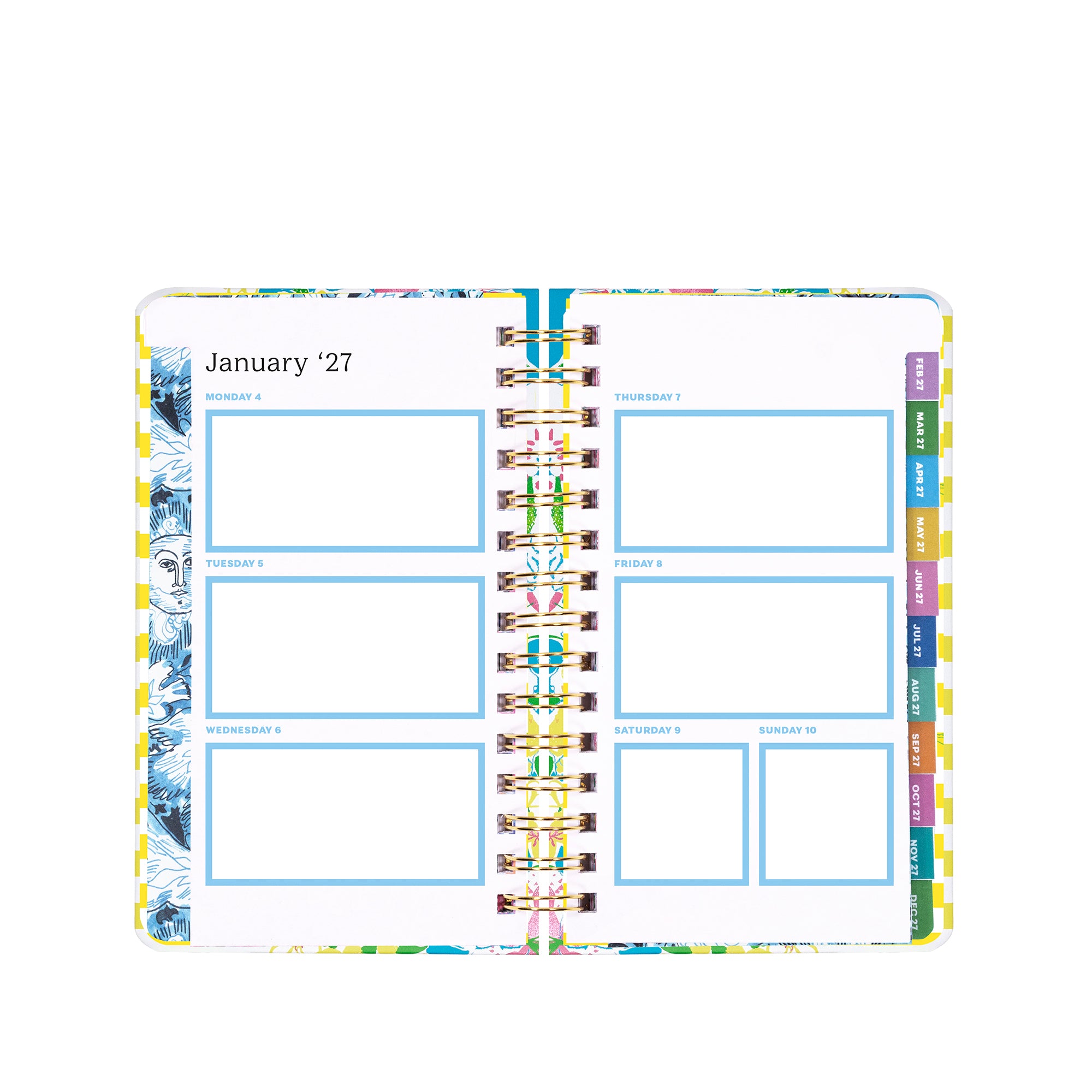 Multicolored planner with monthly layout on a white background