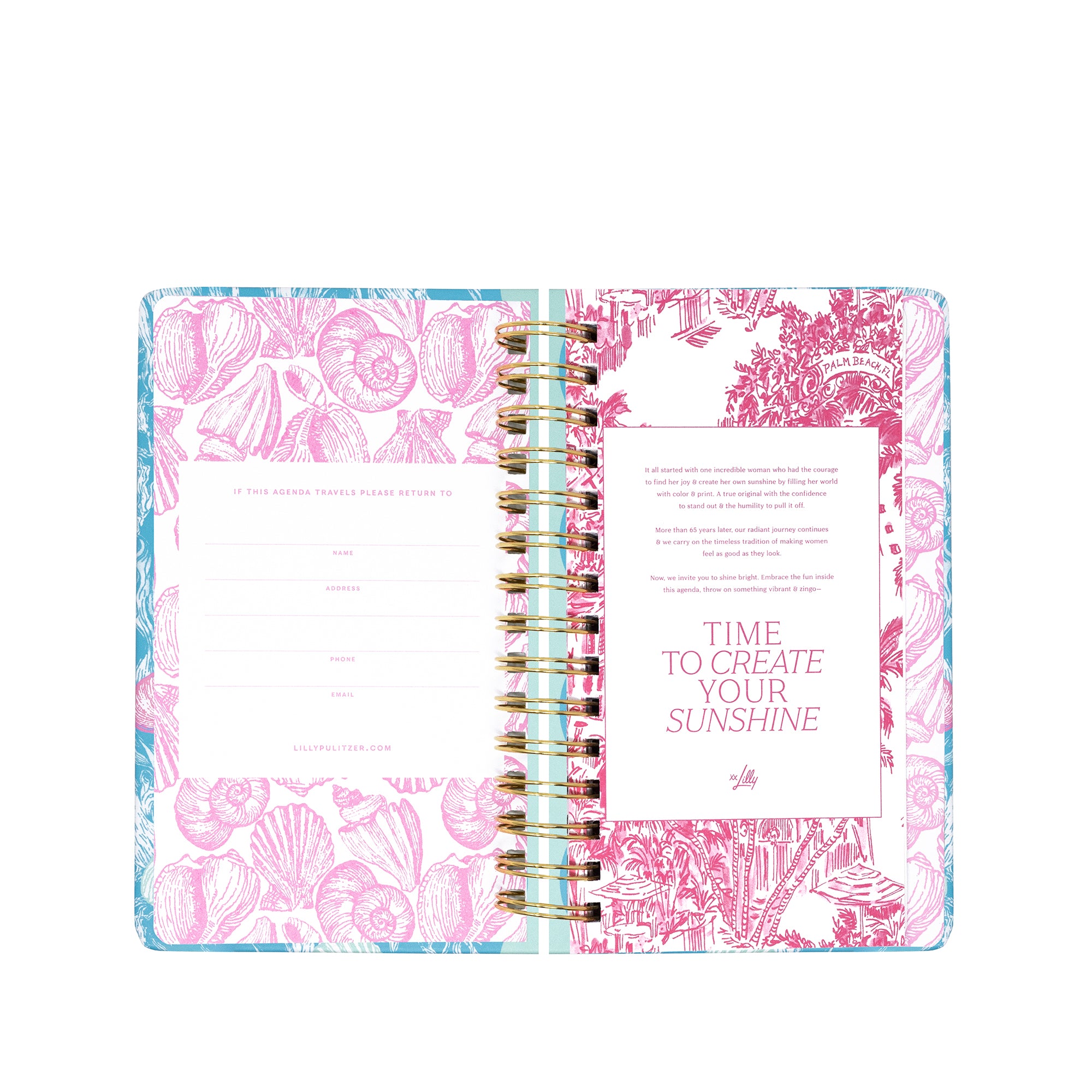 Open planner with floral design on cover and interior pages.