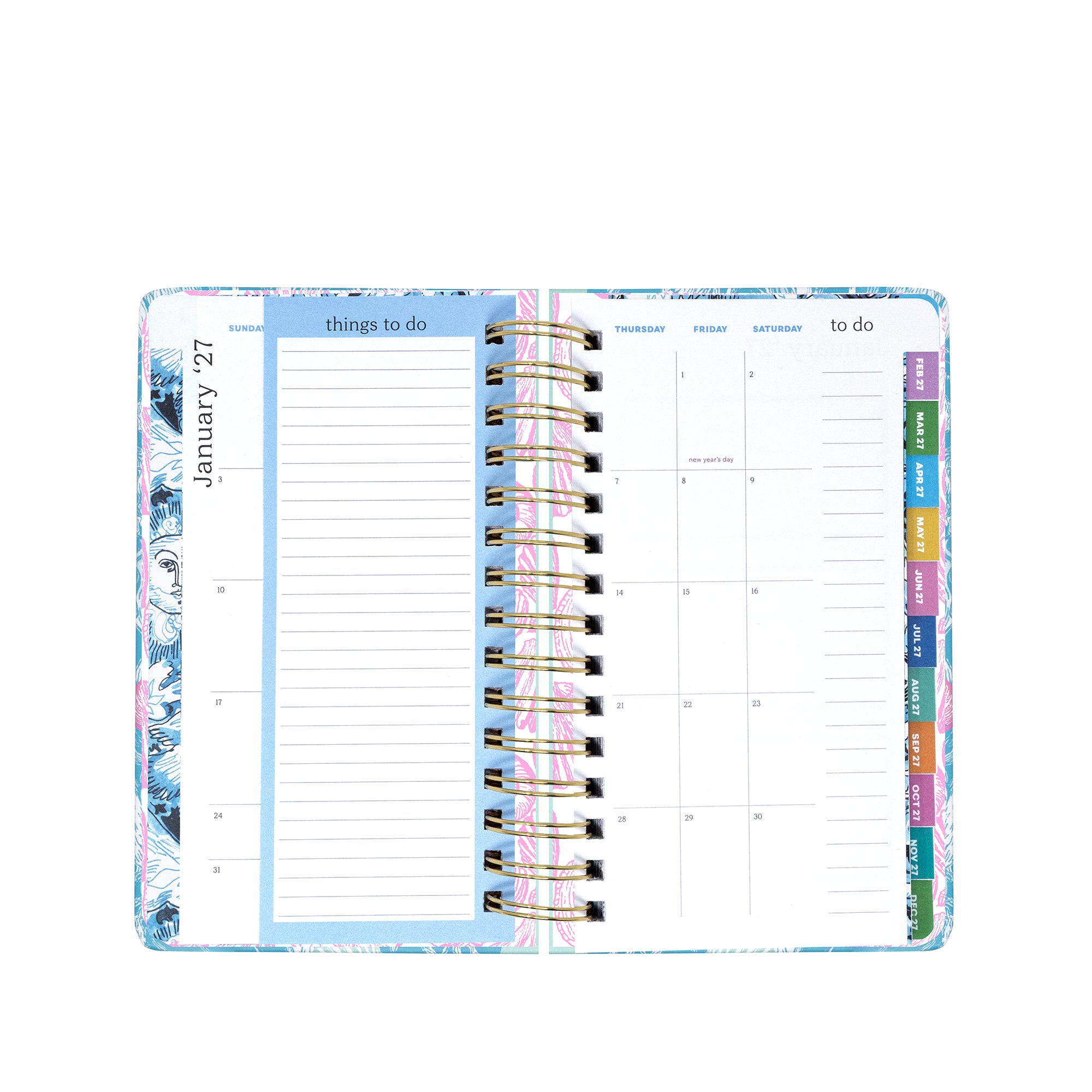 Planner with colorful tabs on a white background