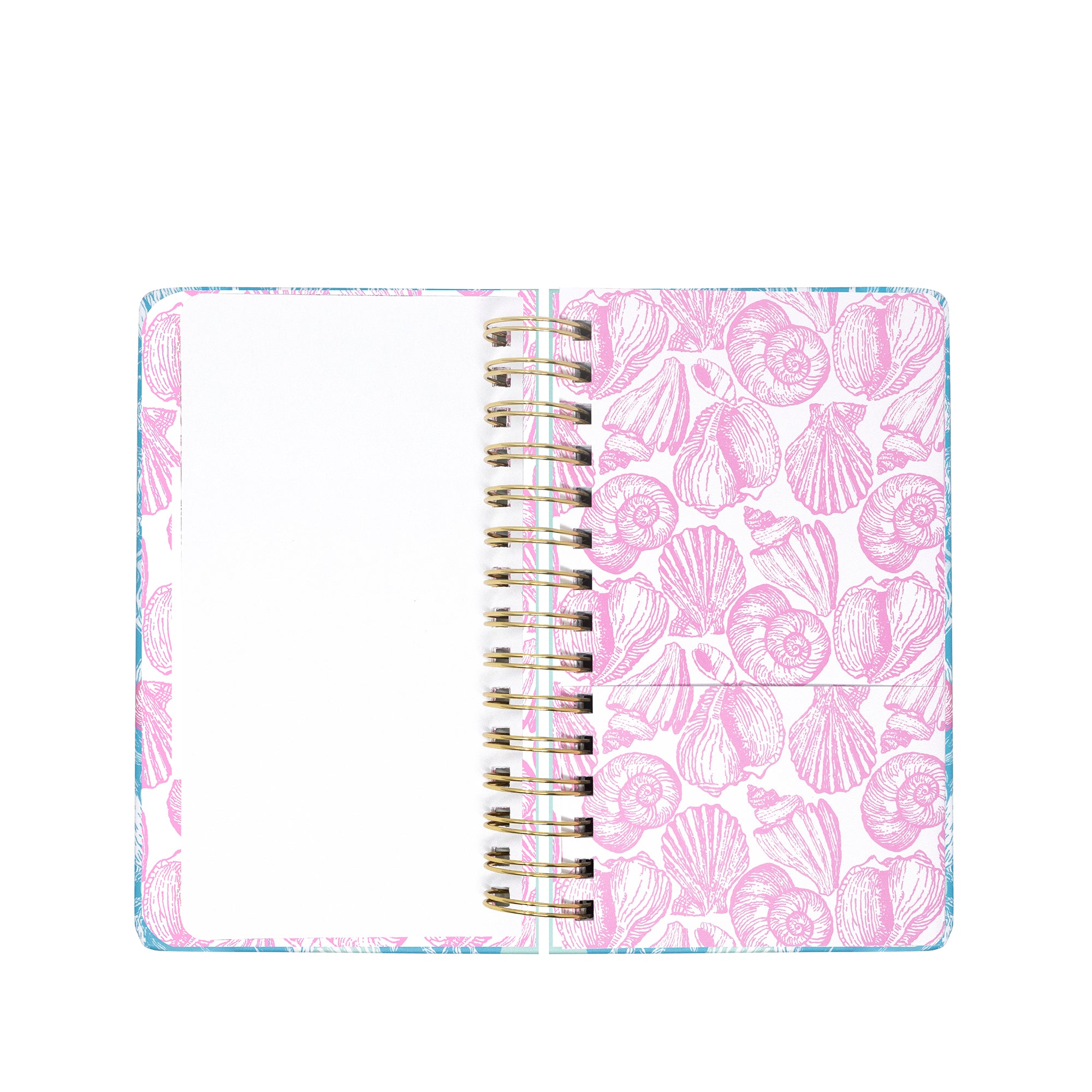 Notebook with pink seashell pattern on a white background