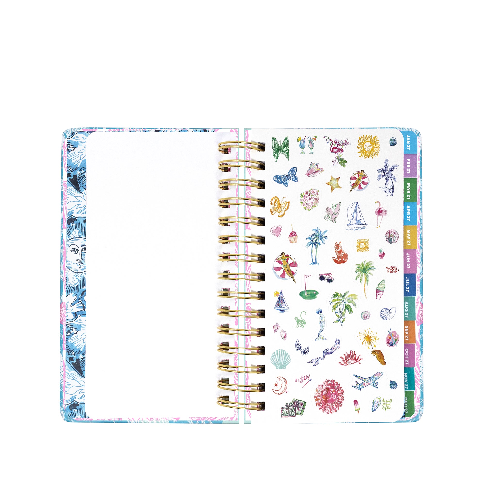 Planner with decorative stickers on a white background